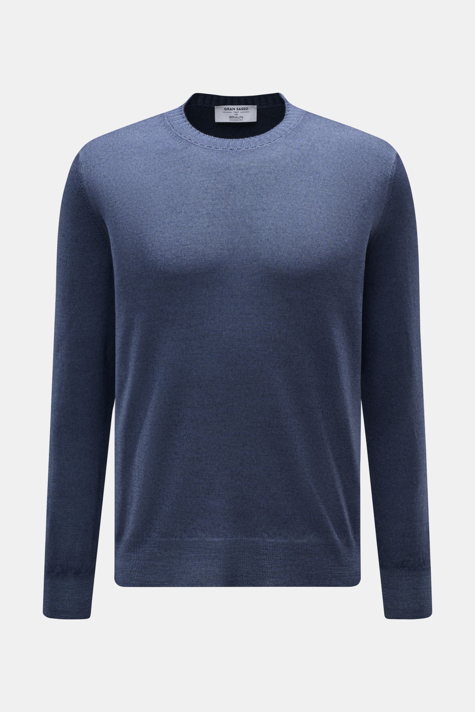 Gran Sasso Rundhalspullover graublau meliert, Slim Fit, reine Wolle, feines Strickbild, Rundhalsausschnitt, Rippbündchen, Frontansicht.