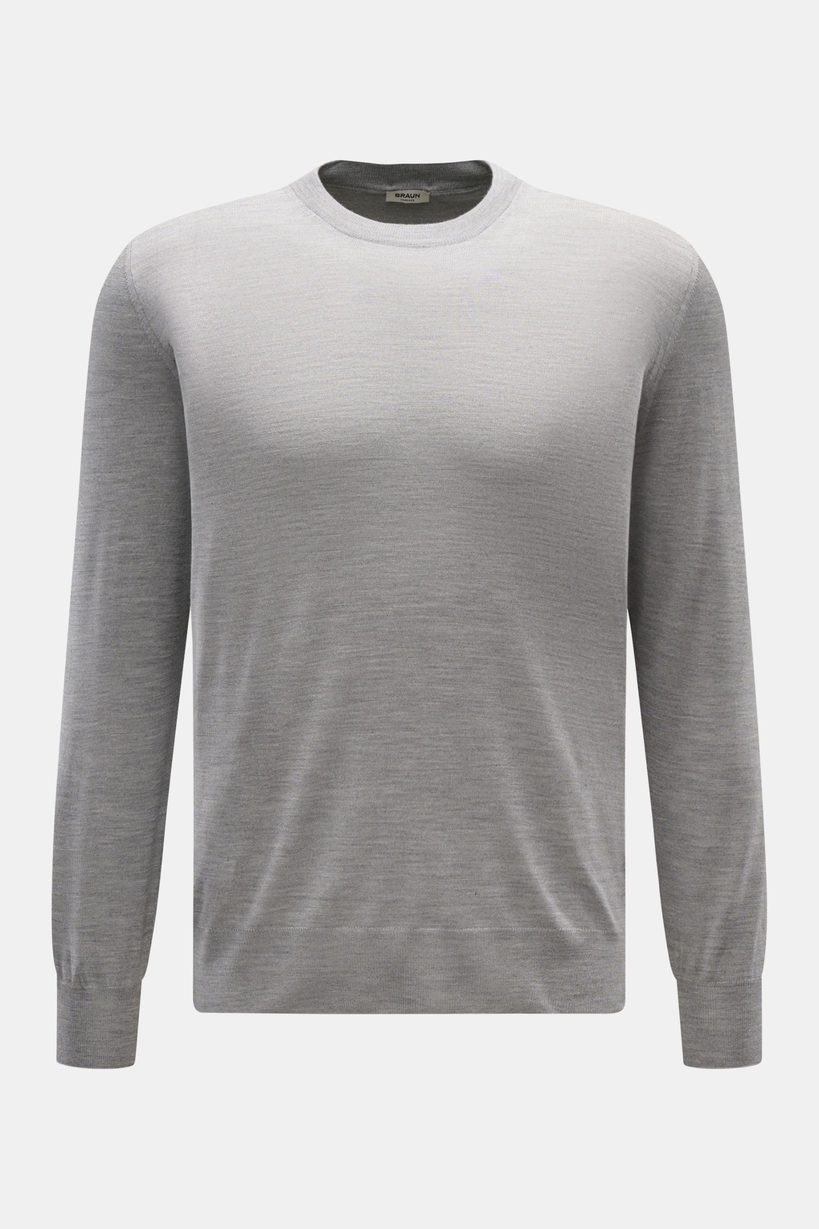 Gran Sasso Rundhalspullover grau meliert, frontal fotografiert, feiner Strick, Rundhalsausschnitt, Regular Fit, weiche Wolle, Cashmere, Seide, flexible Rippbündchen.