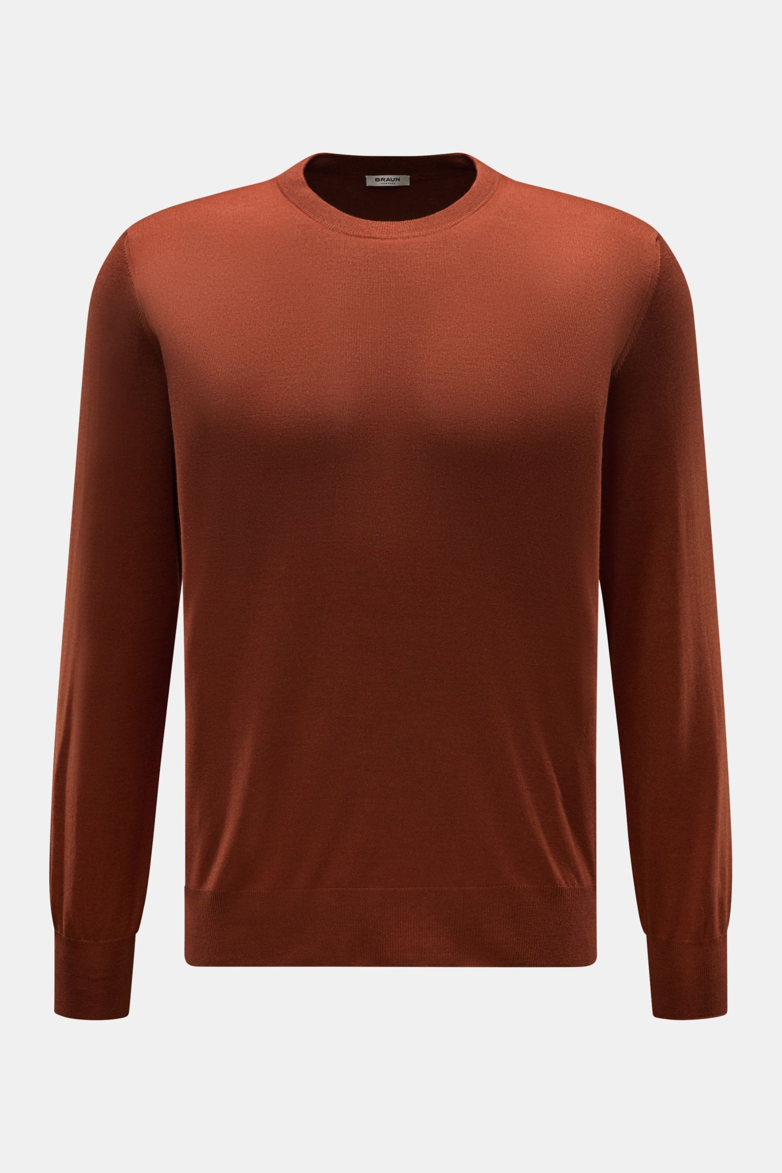 Gran Sasso Rundhalspullover rostbraun, frontal fotografiert, Regular Fit, Rundhals, weicher Feinstrick aus Wolle, Cashmere und Seide, flexible Rippbündchen.