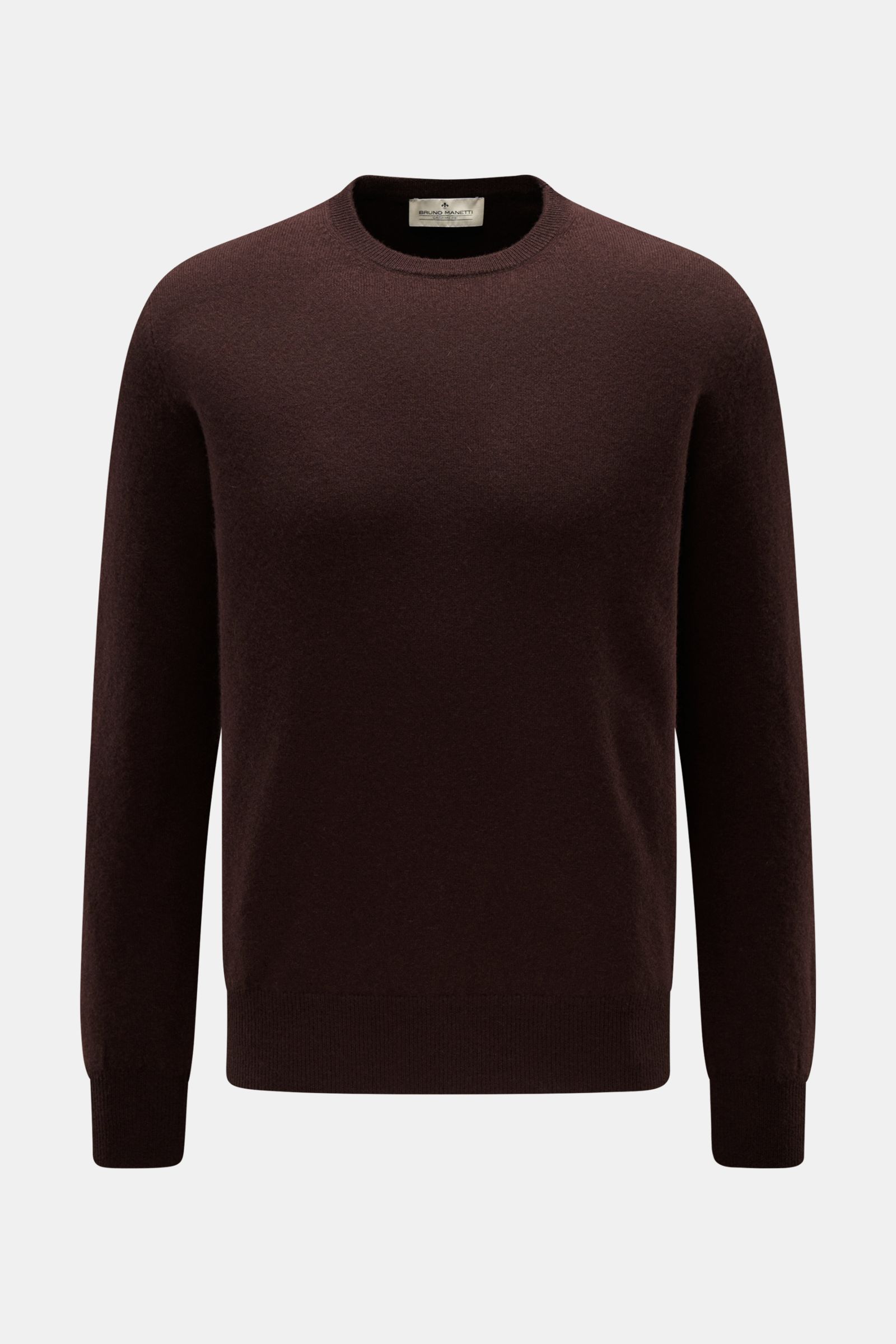 Bruno Manetti Cashmere Rundhalspullover dunkelbraun, Frontansicht, Regular Fit, weiches feines Strickbild, Rundhalsausschnitt, Rippbündchen, reiner Cashmere.