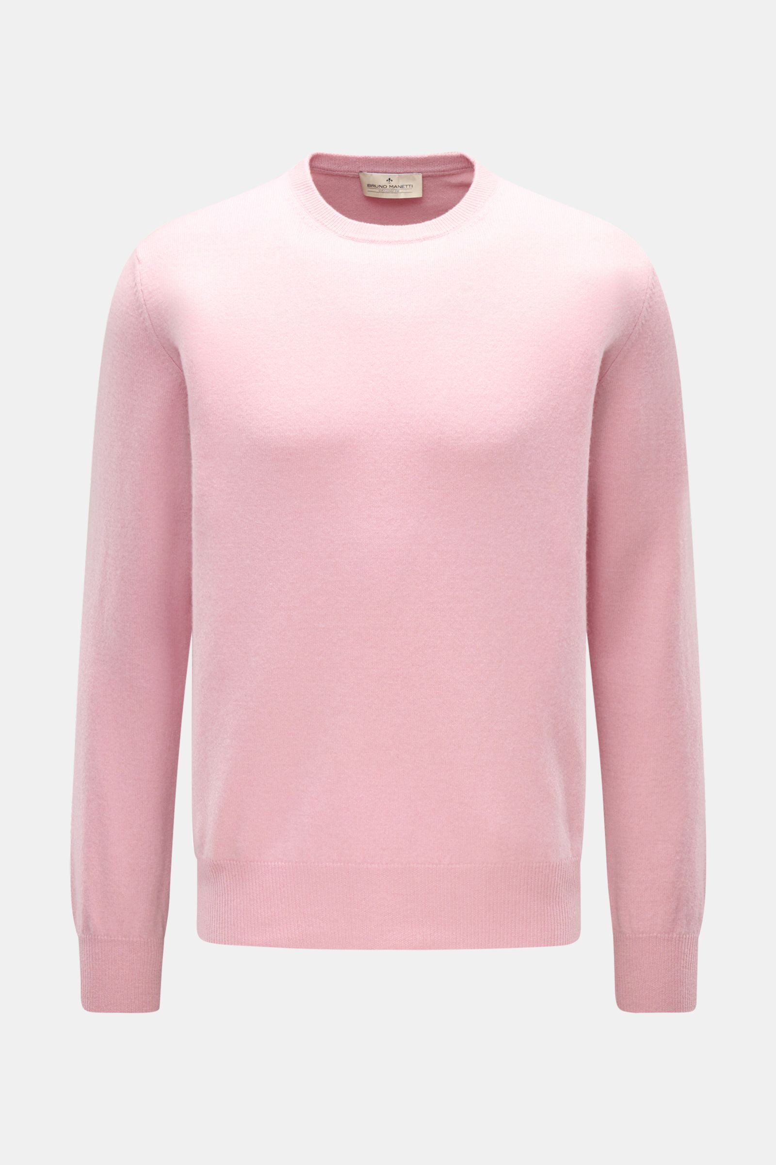 Bruno Manetti Cashmere Rundhalspullover rosé, feines Strickbild, Regular Fit, weicher Griff, Rundhalsausschnitt, Rippbündchen, frontale Ansicht.