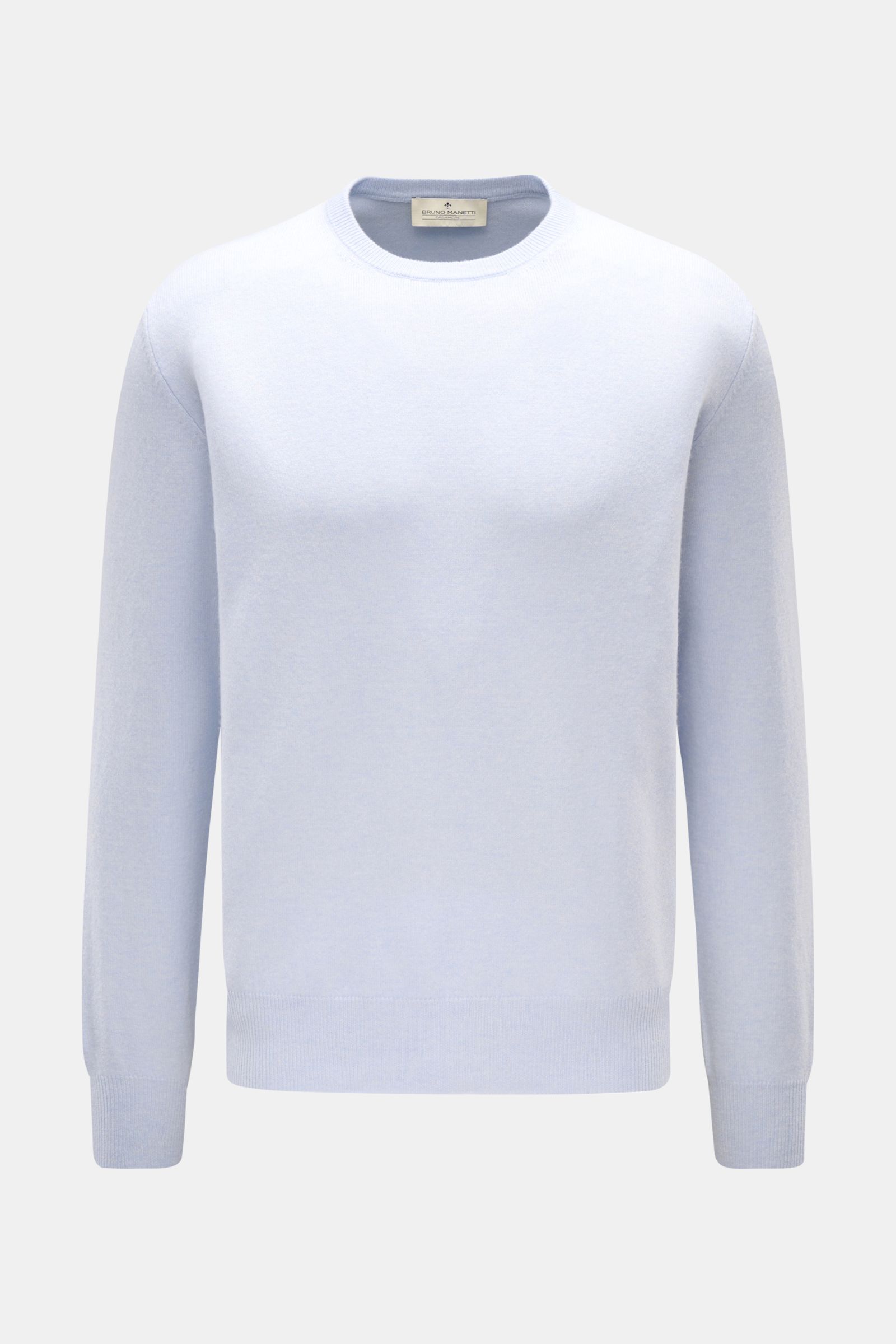 Bruno Manetti Cashmere Rundhalspullover hellblau, Frontansicht, aus weichem reinem Cashmere mit feinem Strickbild, Regular Fit, Rundhalsausschnitt, Rippbündchen.