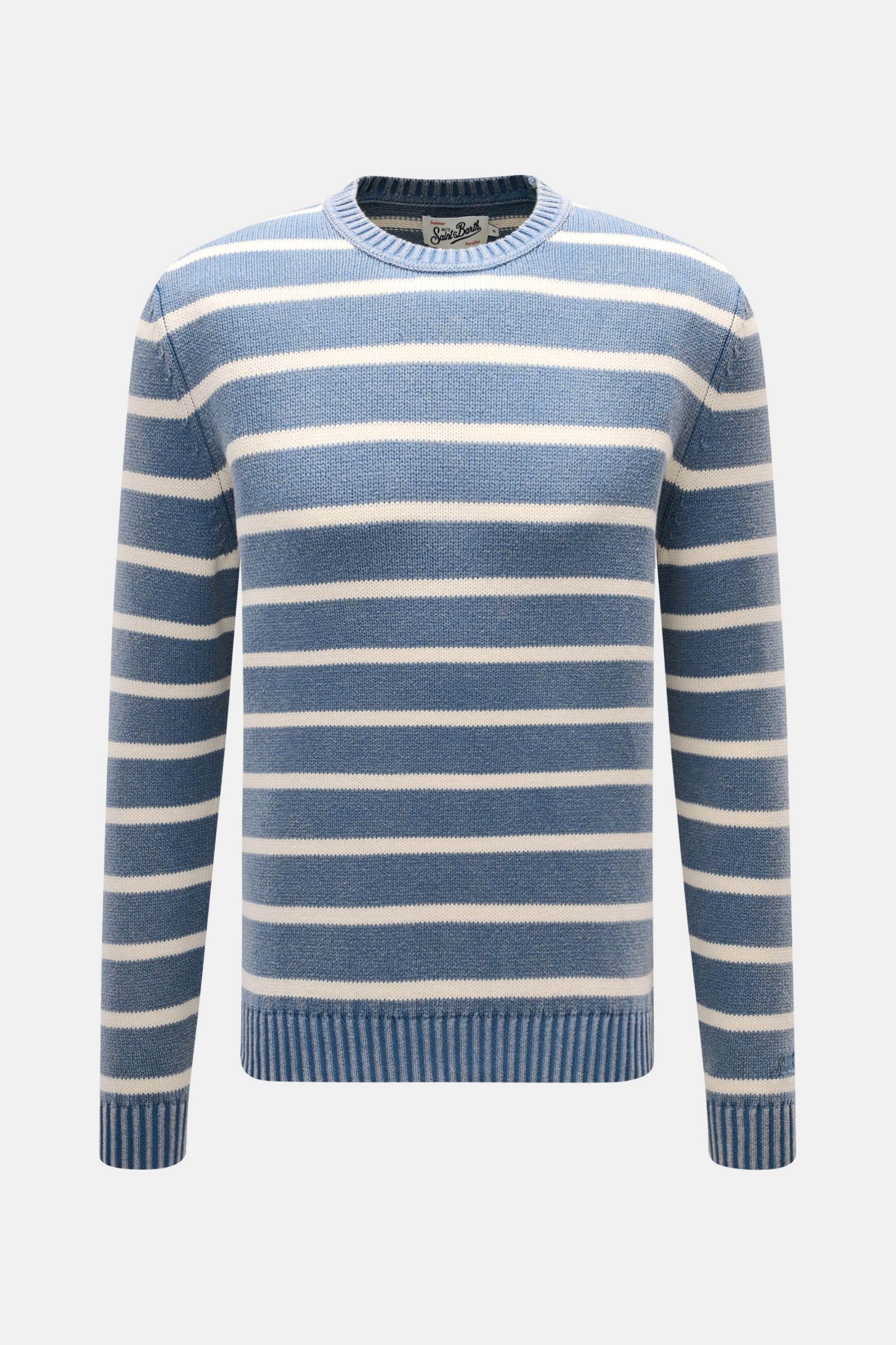 Front view of the MC2 Saint Barth Crew neck jumper 'Sydney Cotton' smoky blue/cream striped, a slim fit pure cotton jumper with classic stripes, crew neck, and ribbed cuffs with tonal logo stitching.

Description: Dancing barefoot on a table: The 'Sydn
