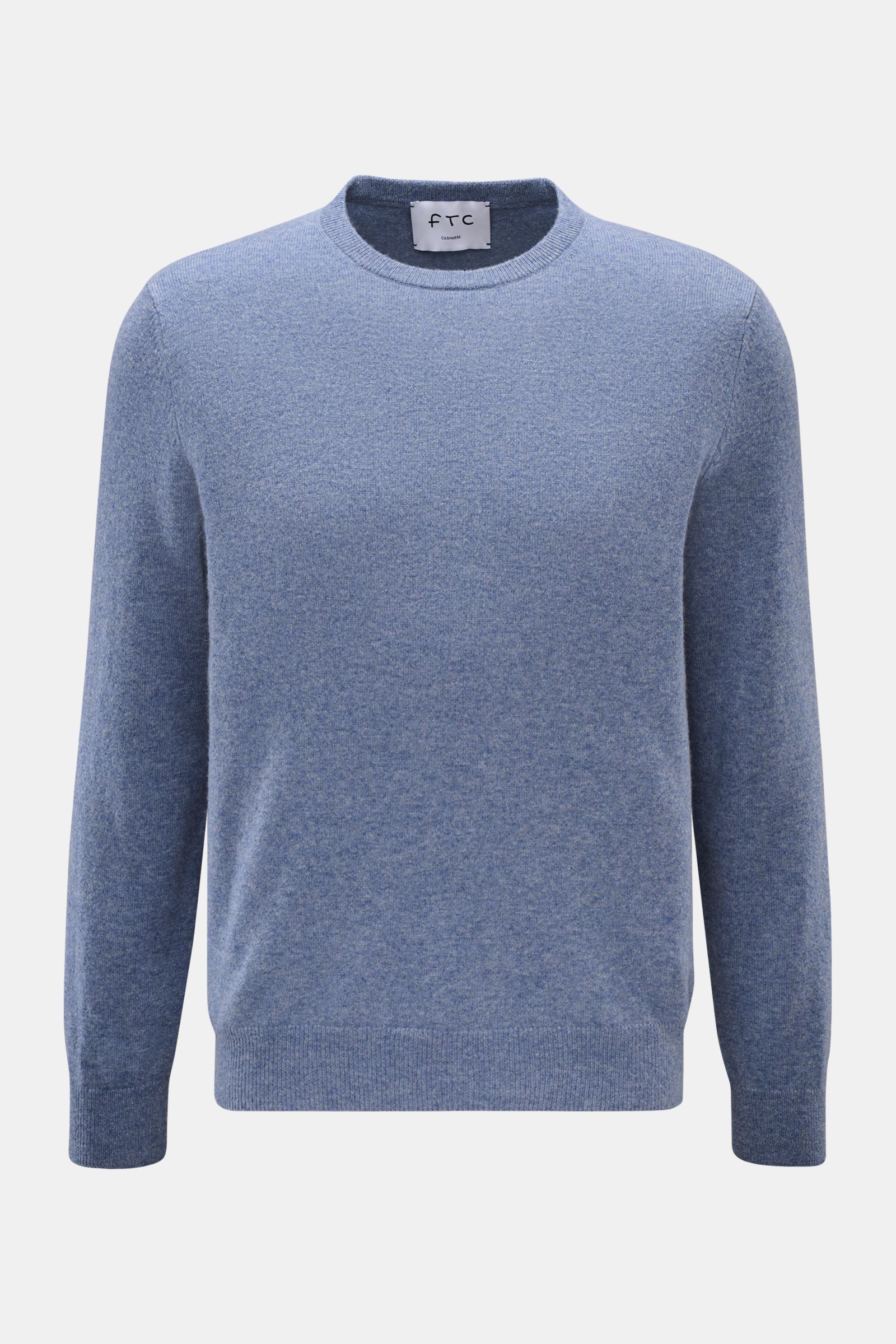 FTC Cashmere Rundhalspullover rauchblau meliert, Slim Fit, feines Strickbild, Rundhalsausschnitt, Rippbündchen, von vorne, ultraweiche Cashmere-Qualität.