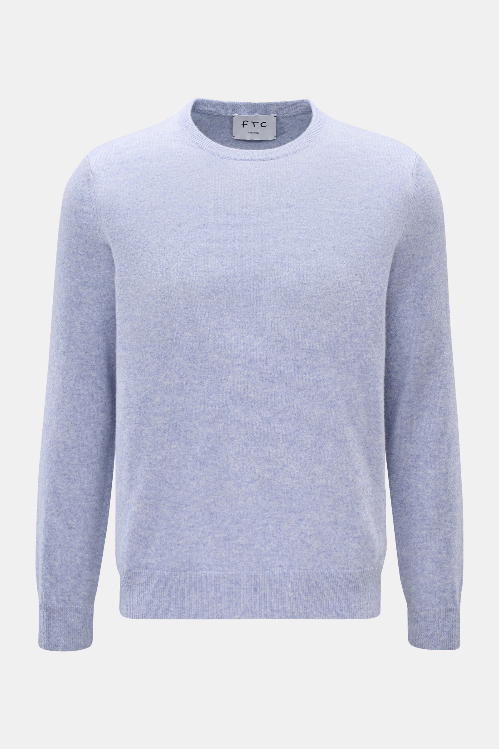 Front view of FTC Cashmere Rundhalspullover hellblau meliert, a slim fit, ultra-soft light blue melange cashmere sweater with fine knit, round neckline, and ribbed cuffs.

Das Tragegefühl ultraweicher Cashmere-Qualität lässt diesen zeitlosen Rundhalspu