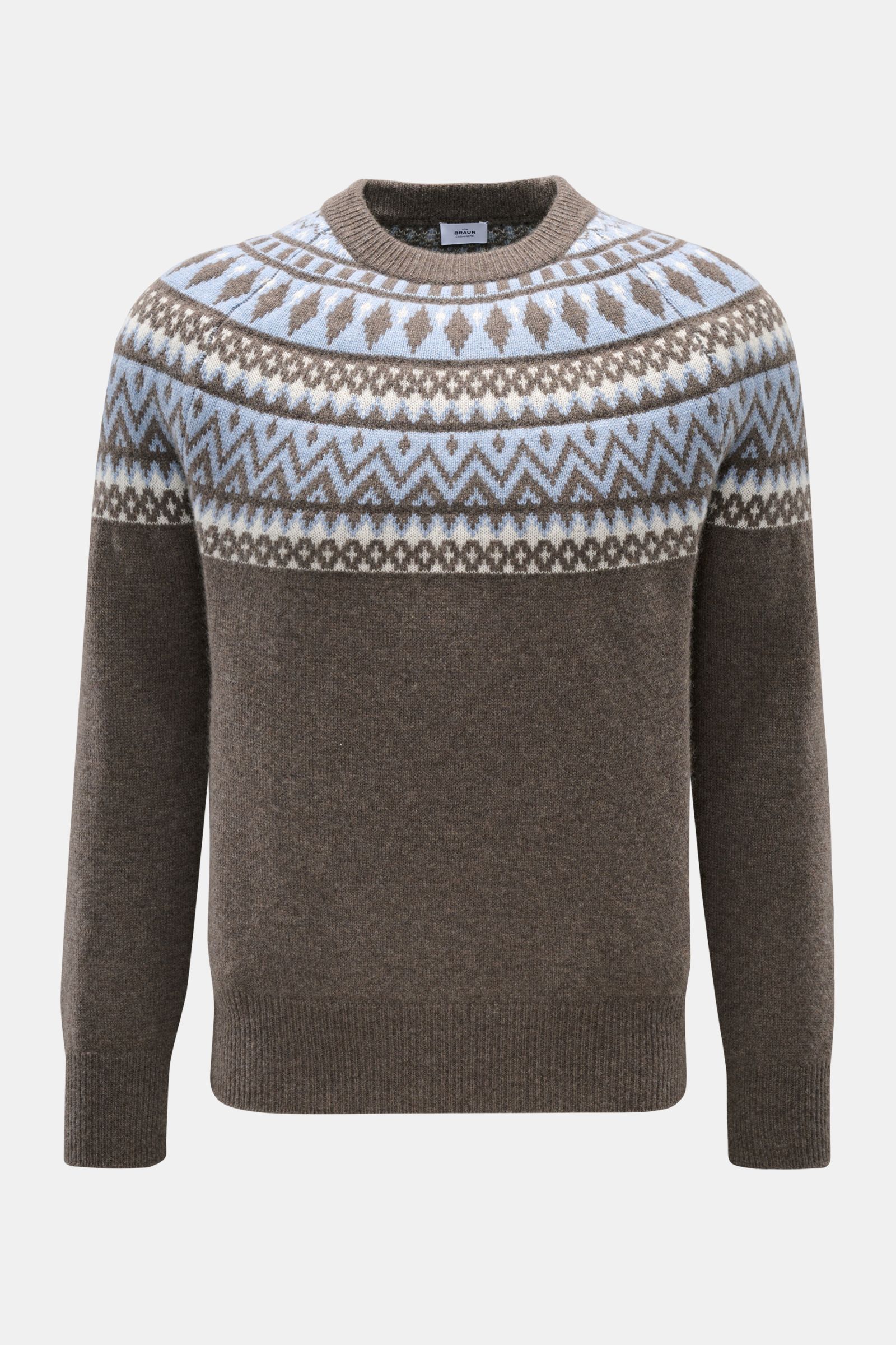 von Braun Cashmere Rundhalspullover braun/rauchblau/creme gemustert, Norweger-Strickmuster, Slim Fit, Rundhalsausschnitt, Raglanärmel, weicher mongolischer Cashmere, frontal fotografiert.