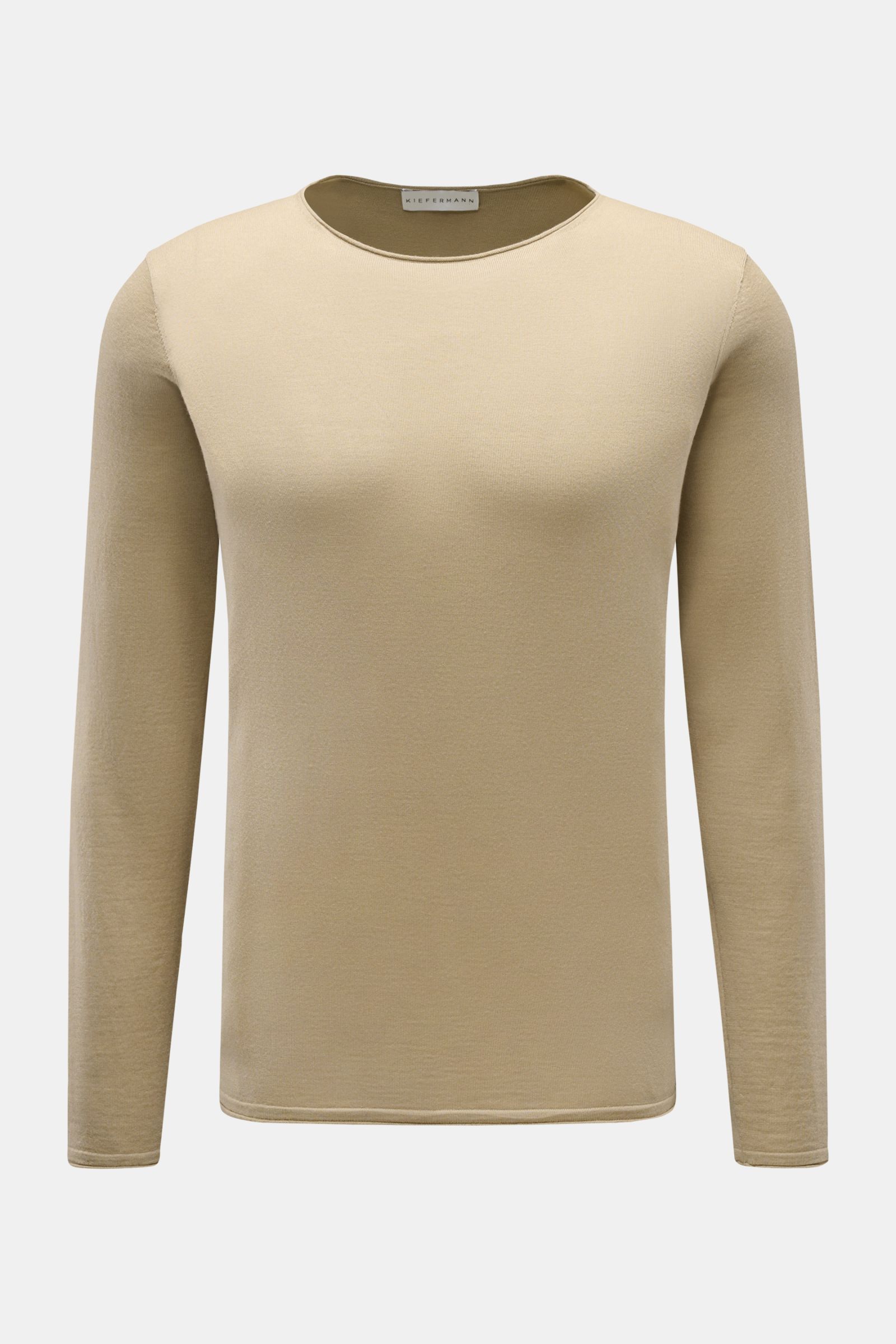 Front view of Kiefermann Merino crew neck jumper 'Benjamin' sand in pure merino wool, soft feel, fine knit, regular fit, ideal for layering on cold days. 

Description: A luxurious basic piece: This crew neck jumper by KIEFERMANN offers maximum comfort