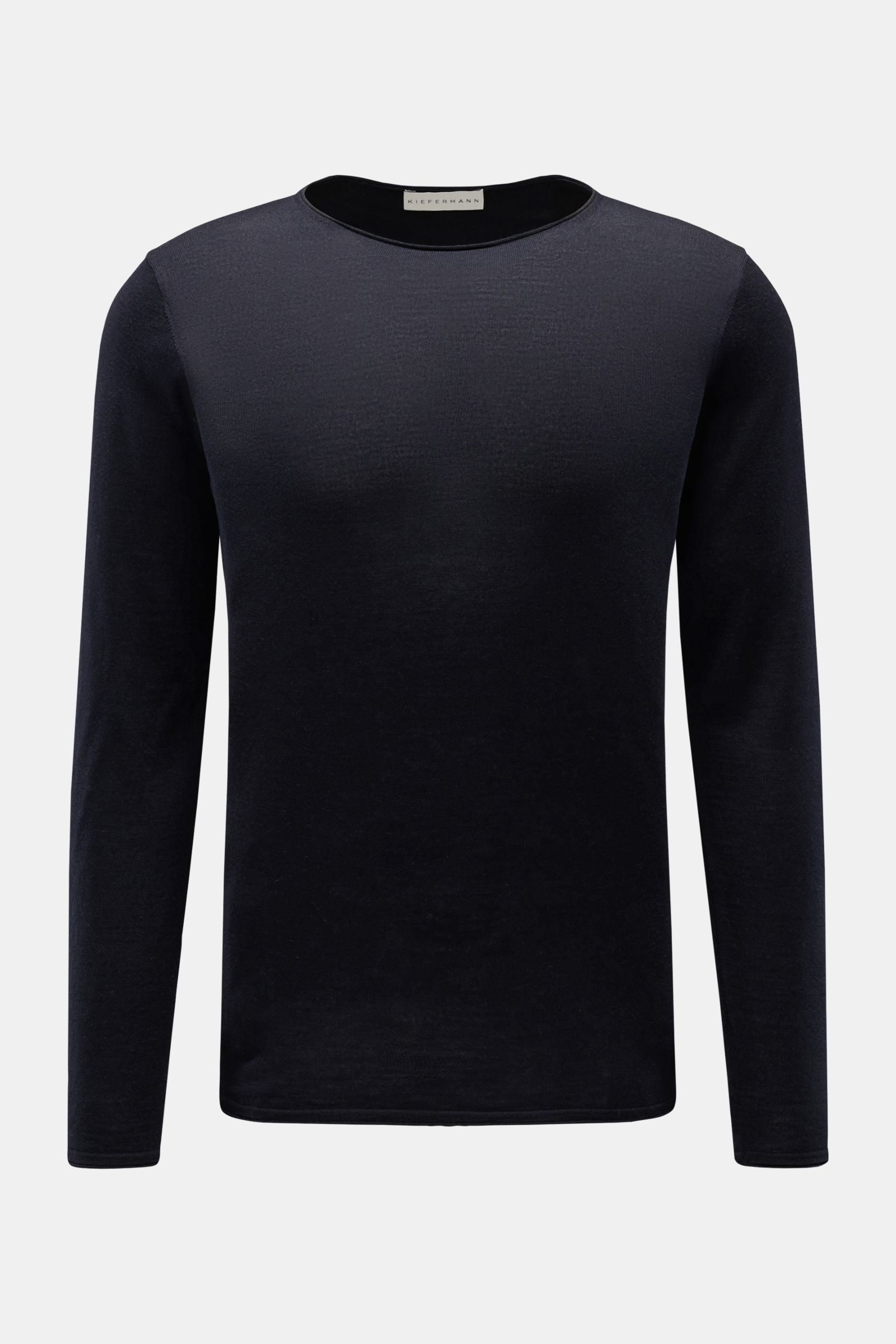 Front view of Kiefermann Merino crew neck jumper 'Benjamin' dark navy, a luxurious basic piece made of pure merino wool with a soft feel, very fine knit, regular fit, and crew neck, ideal for layering on cold days.