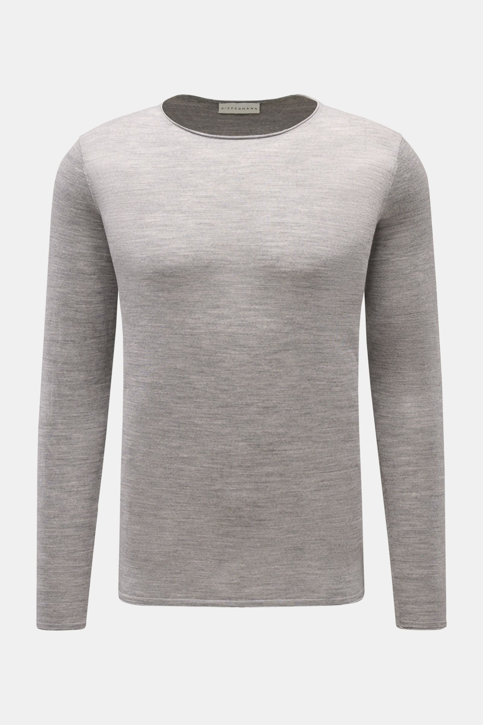 Front view of Kiefermann Merino crew neck jumper 'Benjamin' grey mottled, a luxurious pure merino wool fine knit with soft feel and regular fit.

A luxurious basic piece: This crew neck jumper by KIEFERMANN offers maximum comfort in a timeless fine kni