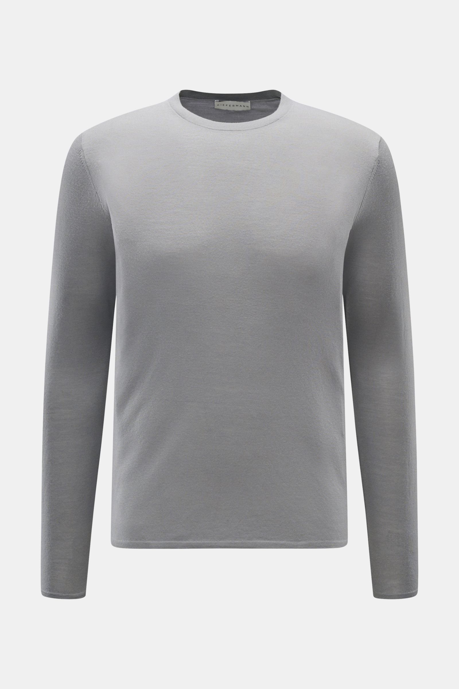 Kiefermann Merino Rundhalspullover 'Marleys' grau, Slim Fit, reine Merinowolle, feines Strickbild, weicher Griff, Rundhalsausschnitt, Frontansicht.