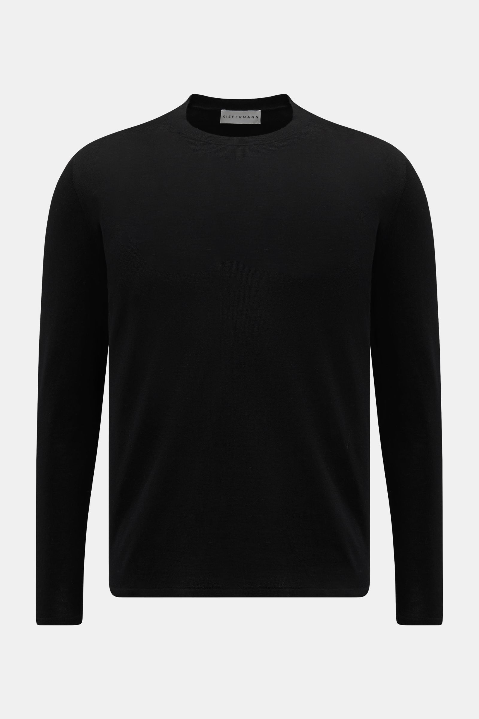 Kiefermann Merino Rundhalspullover 'Marleys' schwarz, Slim Fit, reine Merinowolle, feines Strickbild, weicher Griff, Frontansicht, Rundhalsausschnitt, luxuriöses Basic-Piece.