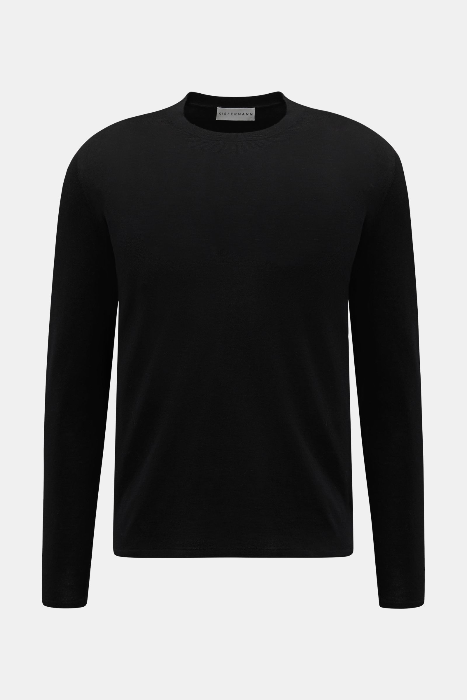 Kiefermann Merino Rundhalspullover 'Marleys' schwarz, Frontansicht, Slim Fit, reine Merinowolle, feiner Feinstrick, weicher Griff, Rundhalsausschnitt, luxuriöses Basic Layering-Piece.