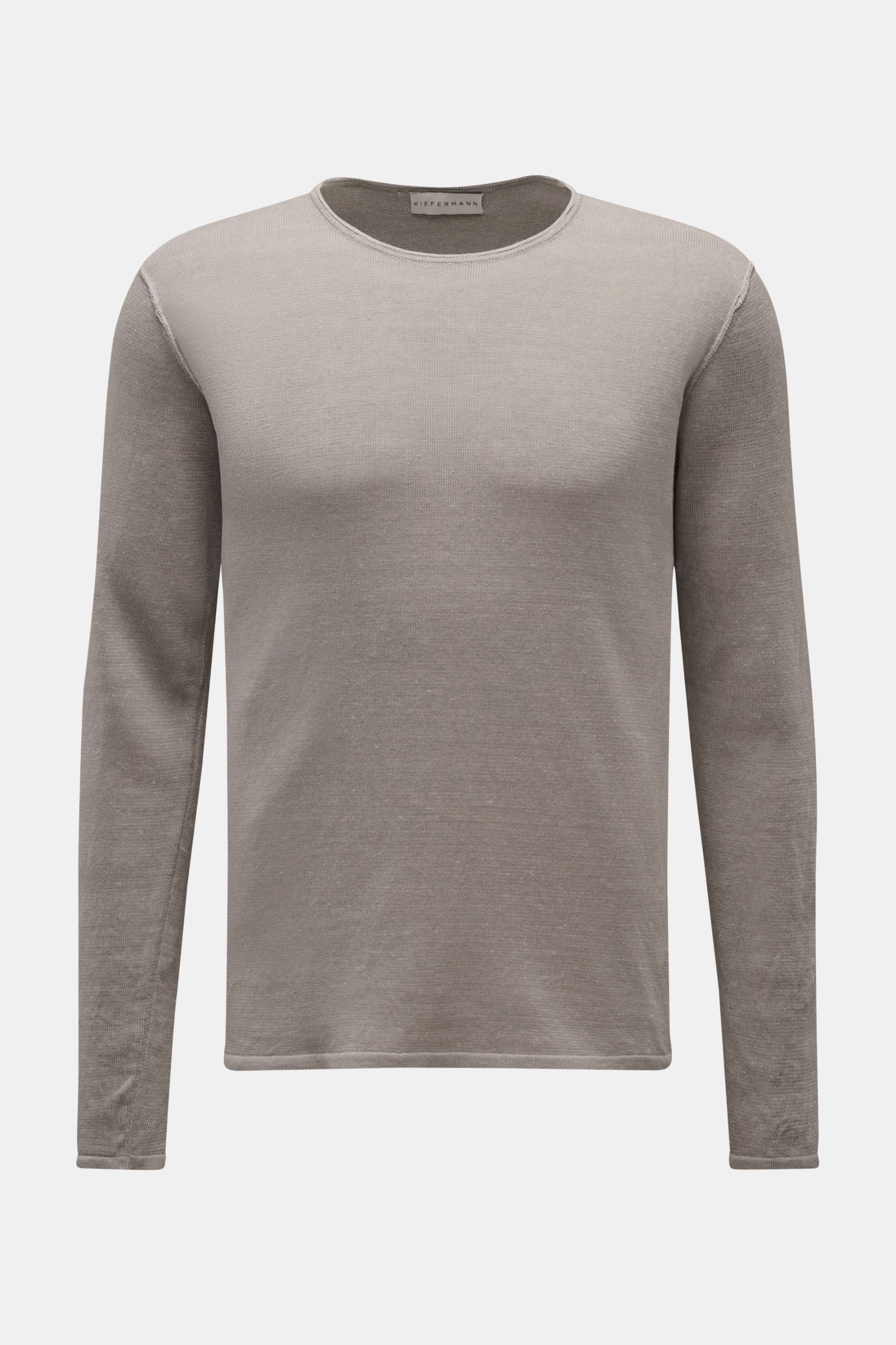 Kiefermann Rundhalspullover 'Jenario' grau meliert, frontale Ansicht, reines Leinen, leichter Griff, feines Strickbild, Regular Fit, Rundhalsausschnitt, luftige Textur ideal für Sommer und Übergang.