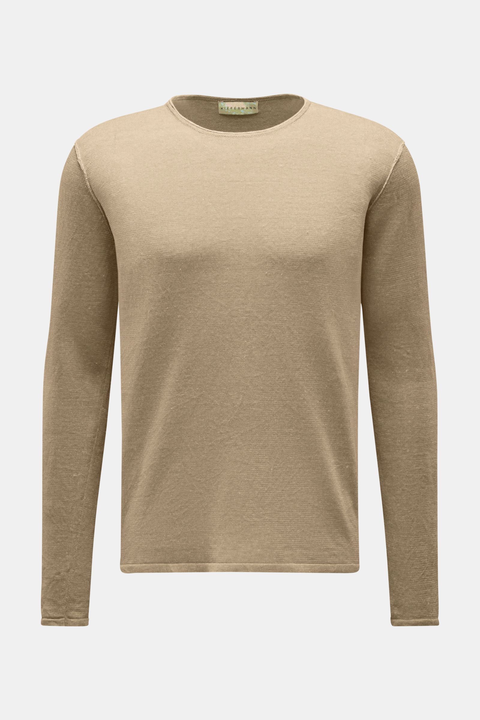 Front view of Kiefermann Crew neck jumper 'Jenario' sand mottled, pure linen, fine knit, slightly textured, regular fit, ideal for summer and layering.