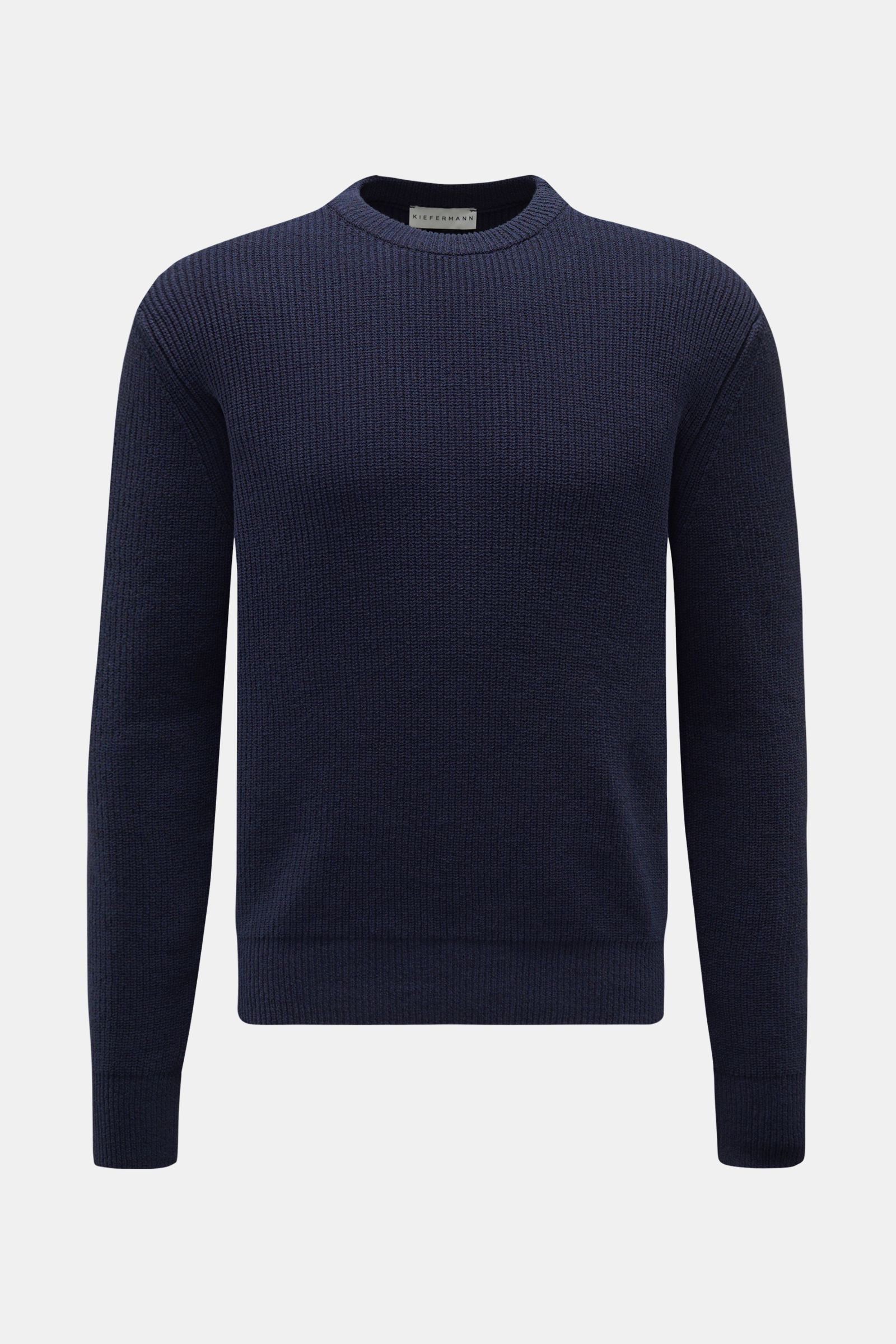 Kiefermann Rundhalspullover 'Glenndun' navy, Slim Fit, mittelfeines Strickbild, Baumwoll-Microfaser-Mix, Rundhalsausschnitt, frontal fotografiert.
