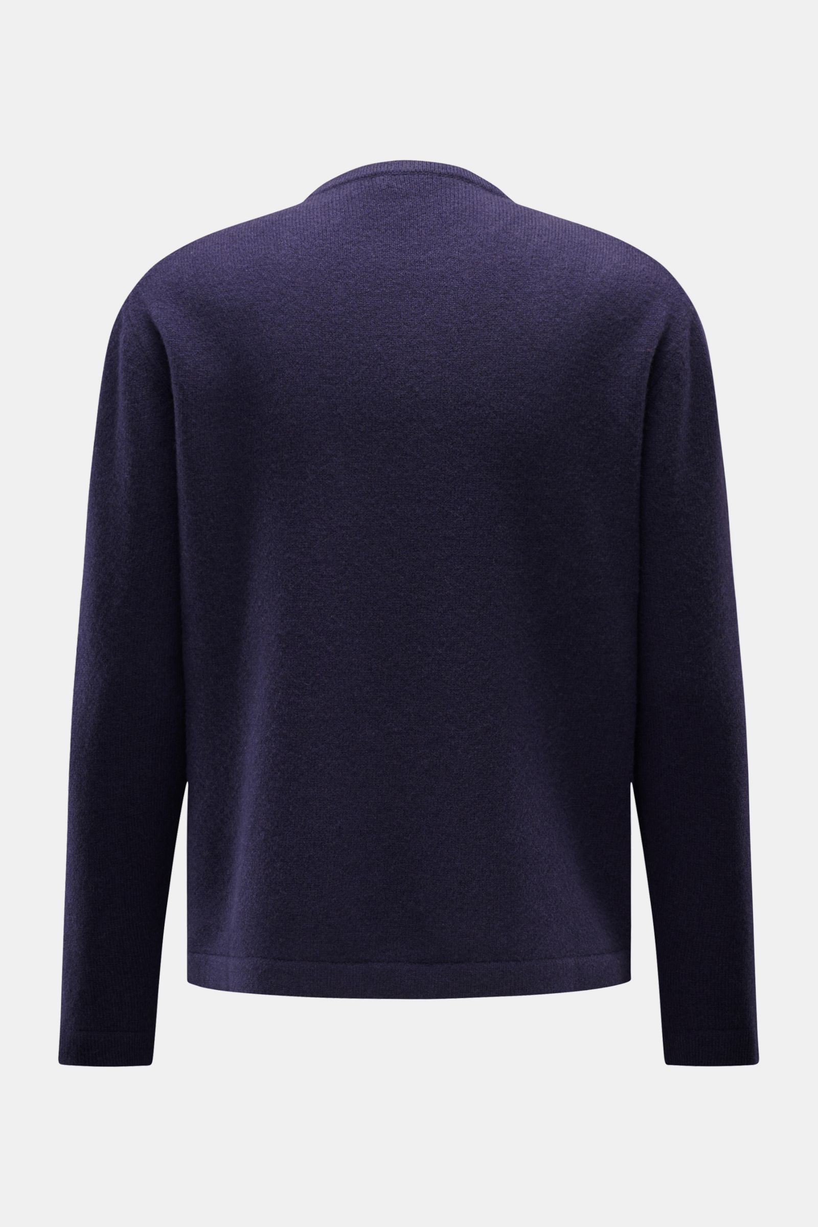 Rear view of the 04651/ A trip in a bag Crew neck jumper 'Piping' navy, showcasing its soft, fine knit blend of wool and cashmere, regular fit, crew neck, and double-layered seams. Cosy and comfortable: The 'Piping' crew neck jumper from 04651/ A TRIP IN 