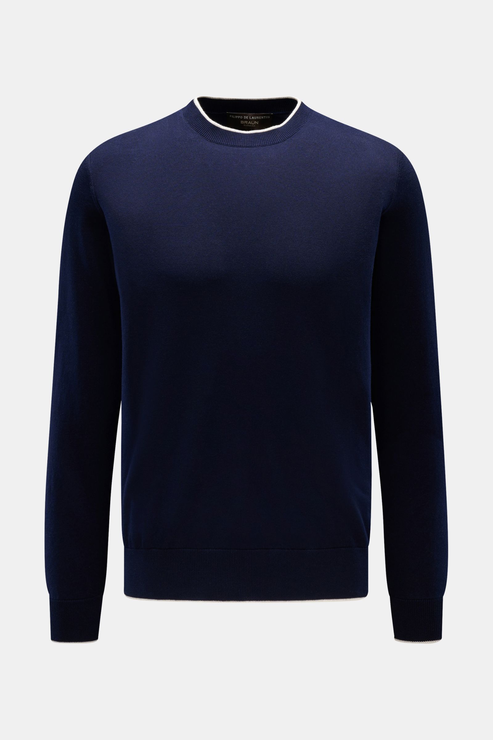 Filippo de Laurentiis Rundhalspullover navy, Slim Fit, weicher Baumwolle-Cashmere-Mix, feines Strickbild, Rundhalsausschnitt, Rippbündchen, frontal fotografiert.