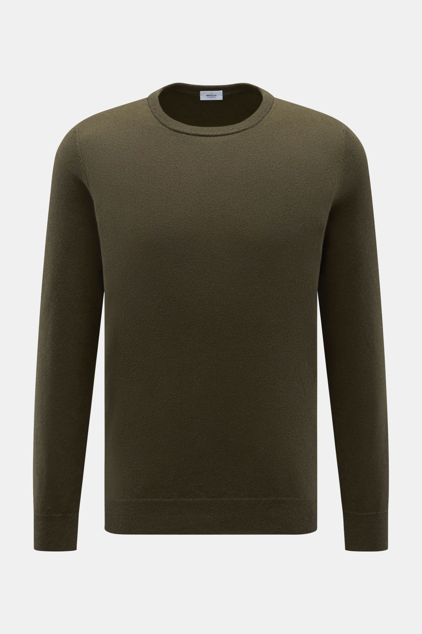 von Braun Cashmere Rundhalspullover dark olive, Slim Fit, feines Strickbild, weicher Griff, Rundhalsausschnitt, flexible Rippbündchen, frontal fotografiert.
