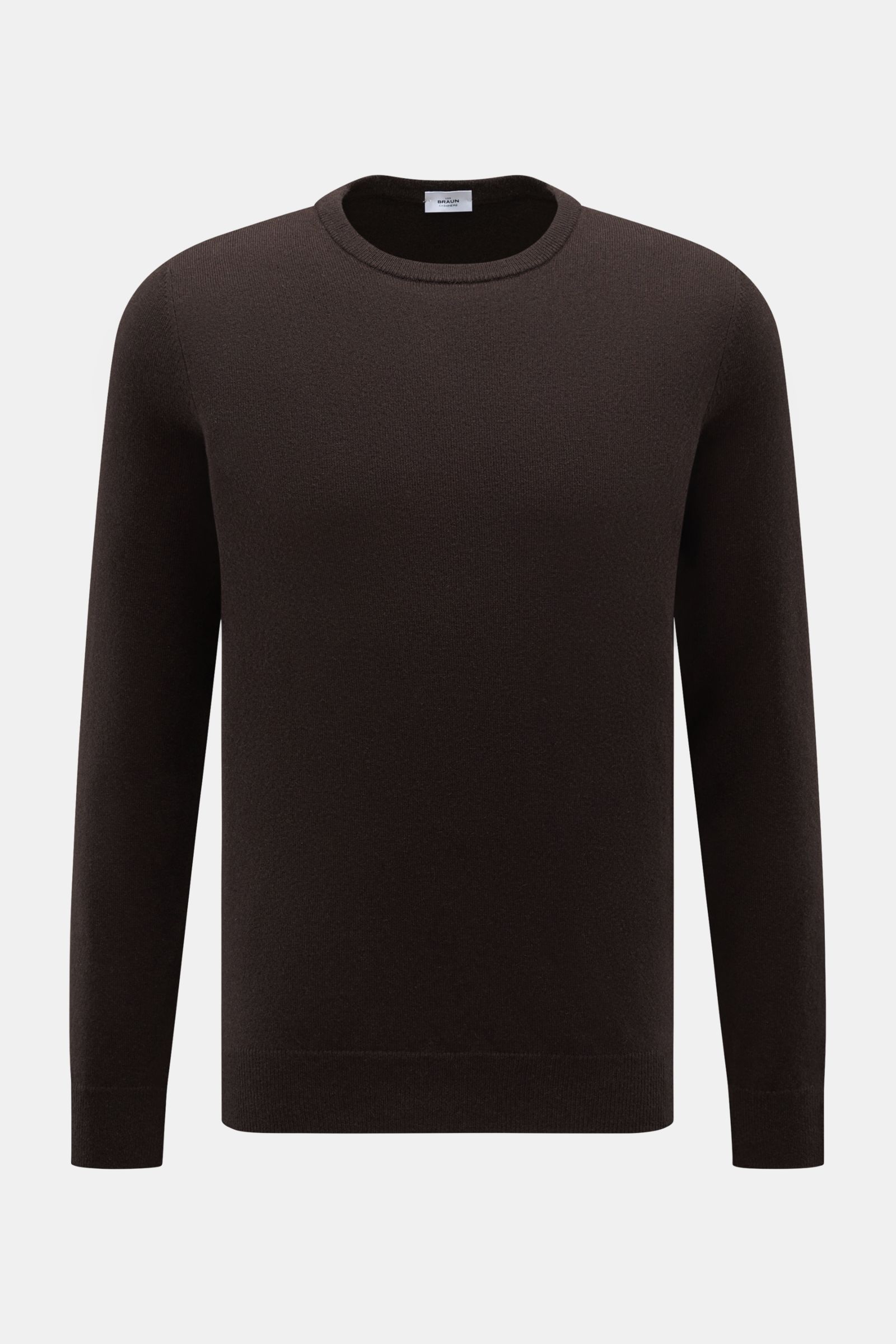 von Braun Cashmere Rundhalspullover dunkelbraun, Slim Fit mit Rundhalsausschnitt, feinem Strickbild, weichem Griff, flexible Rippbündchen, frontal fotografiert.