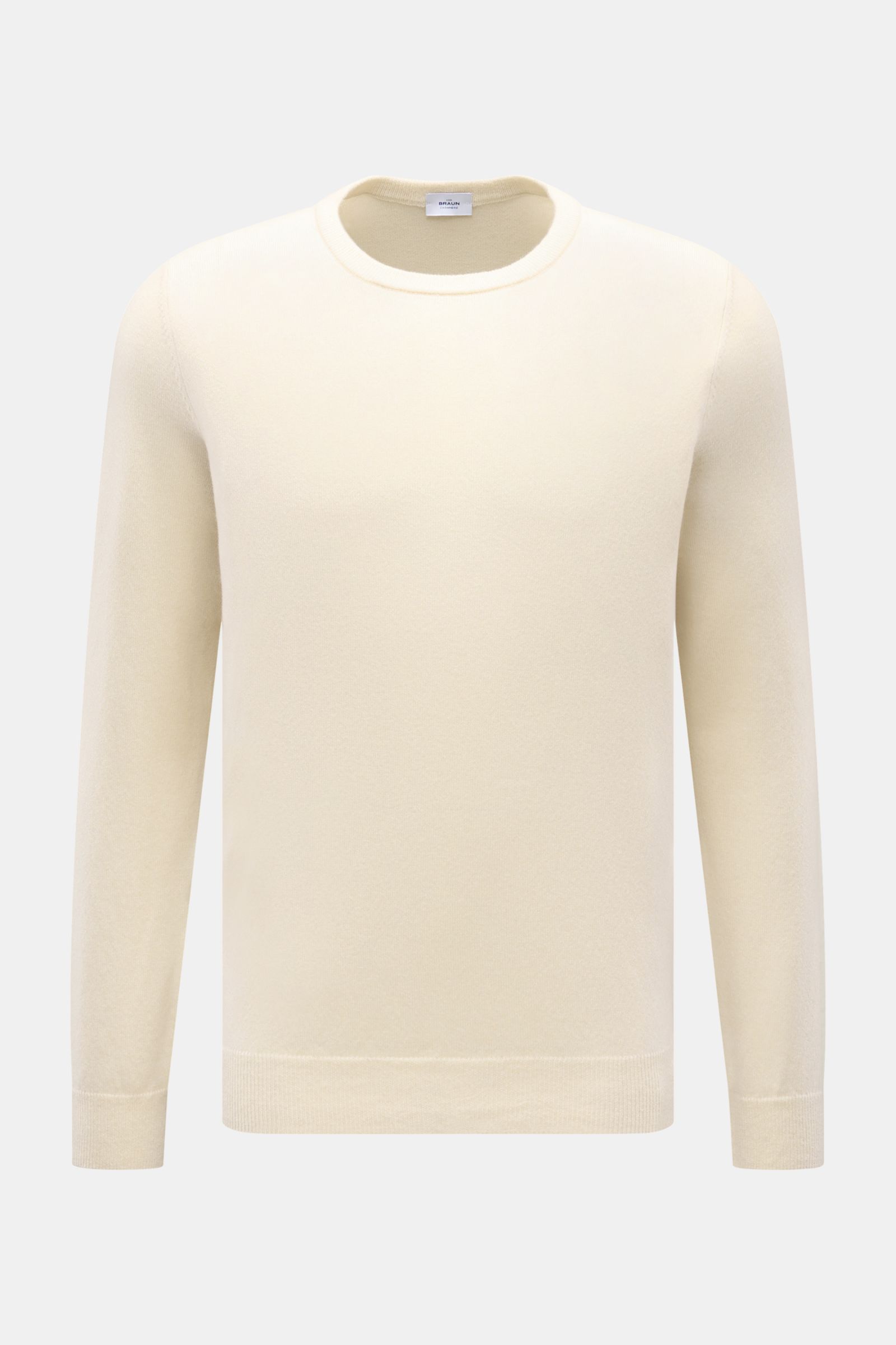 von Braun Cashmere Rundhalspullover creme, Slim Fit, feines Strickbild, weicher Griff, reiner Cashmere, Rundhalsausschnitt, flexible Rippbündchen, frontal fotografiert.