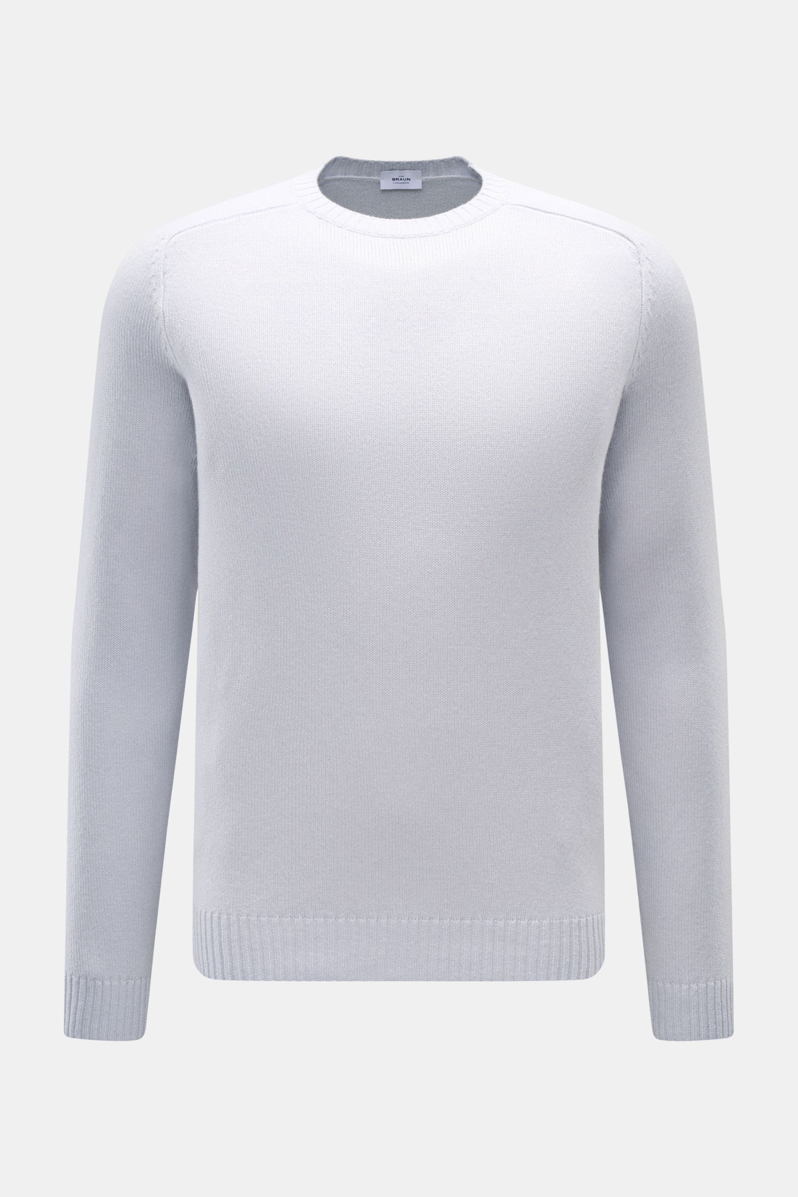 von Braun Cashmere Rundhalspullover hellblau, frontal fotografiert, Slim Fit, reiner Cashmere, weiches, mittelfeines Strickbild, Rundhalsausschnitt, elastische Rippbündchen