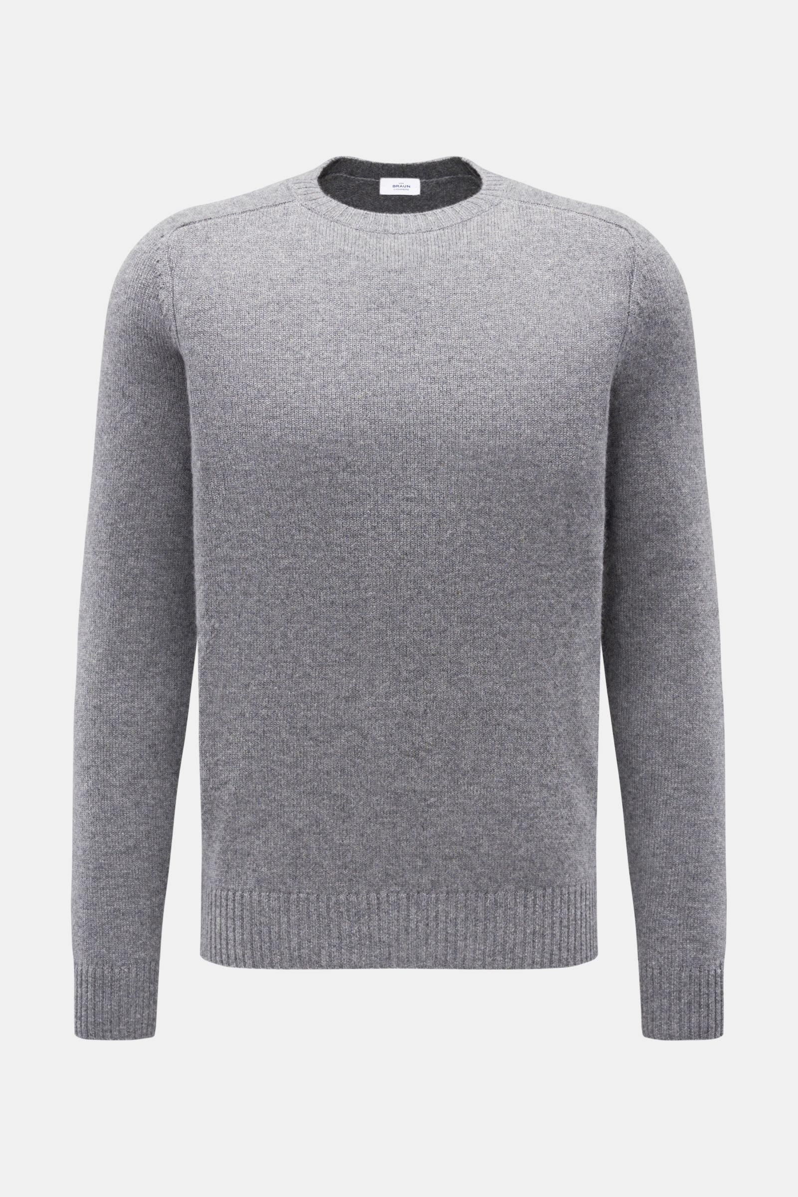 von Braun Cashmere Rundhalspullover grau meliert, slim fit, mittelfeines Strickbild, Rundhalsausschnitt, elastische Rippbündchen, frontal fotografiert, weich und warm.
