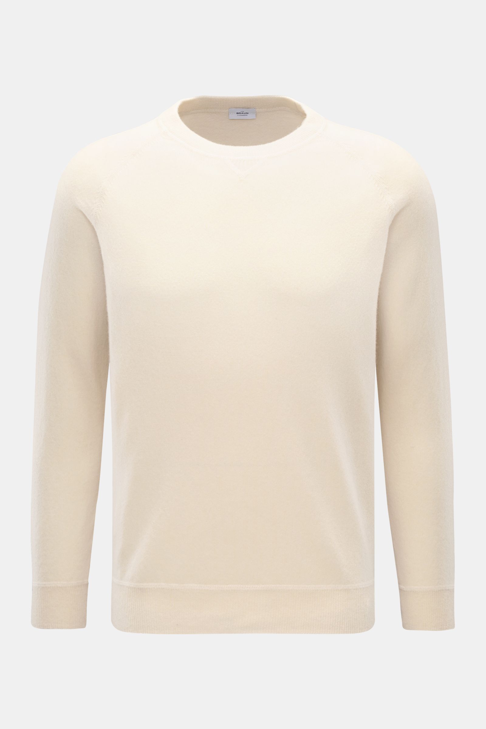 Von vorne fotografierter von Braun Cashmere Rundhalspullover creme, Regular Fit mit Rundhalsausschnitt, Raglanärmeln und weichem Cashmere.