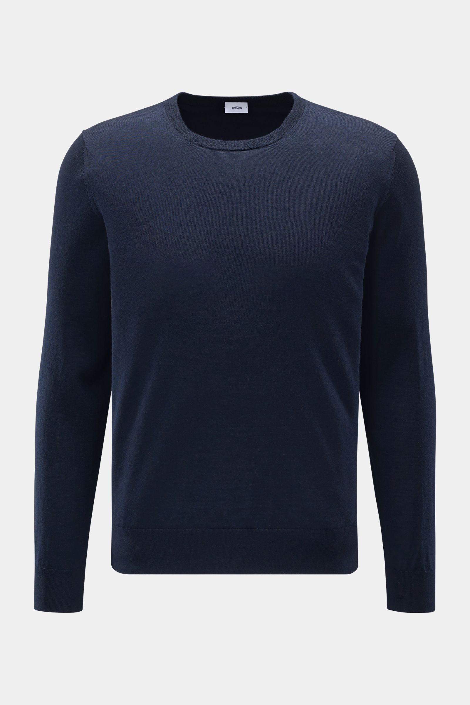 von Braun Merino Rundhalspullover navy, Slim Fit, aus reiner Merinowolle mit weichem Griff, feinem Strickbild, Rundhalsausschnitt, elastischen Rippbündchen, frontal fotografiert.