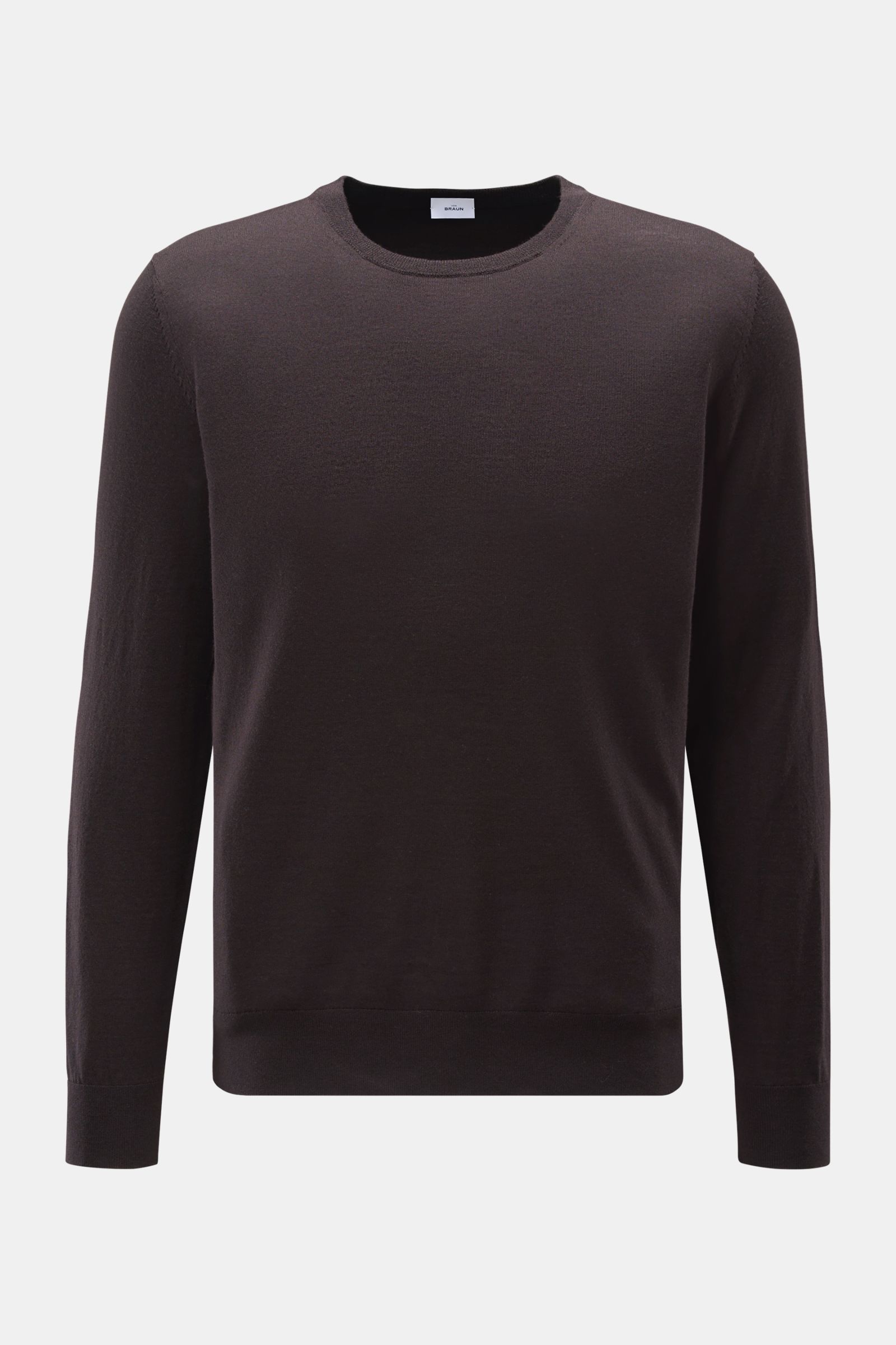 von Braun Merino Rundhalspullover dunkelbraun, Slim Fit, aus reiner Merinowolle mit feinem Strickbild, Rundhalsausschnitt, elastischen Rippbündchen, frontal fotografiert.