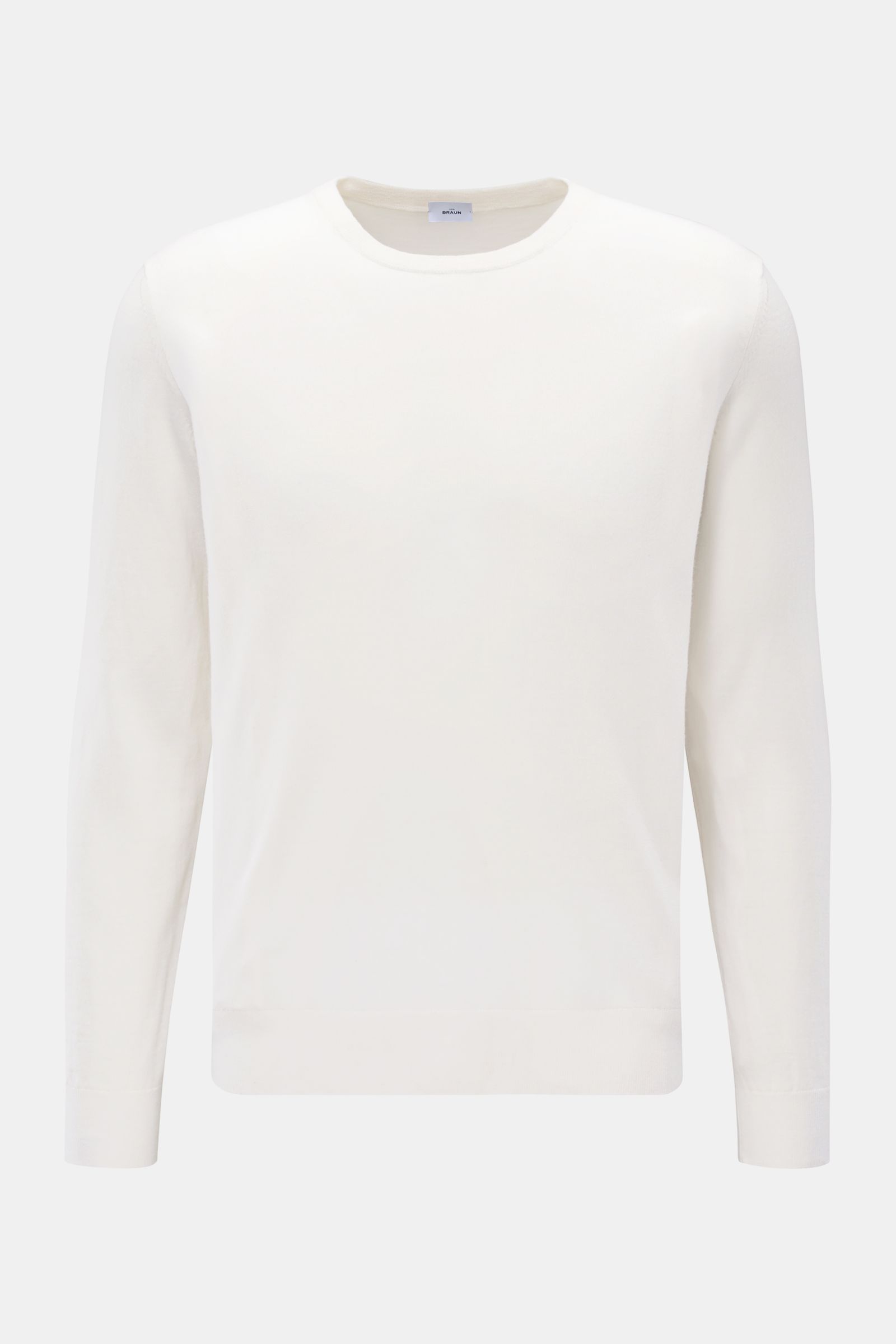 von Braun Merino Rundhalspullover creme, frontal fotografiert, edler Feinstrick aus reiner Merinowolle, Slim Fit, weicher Griff, feines Strickbild, Rundhalsausschnitt, elastische Rippbündchen, klassisches Basic für Übergangszeit.