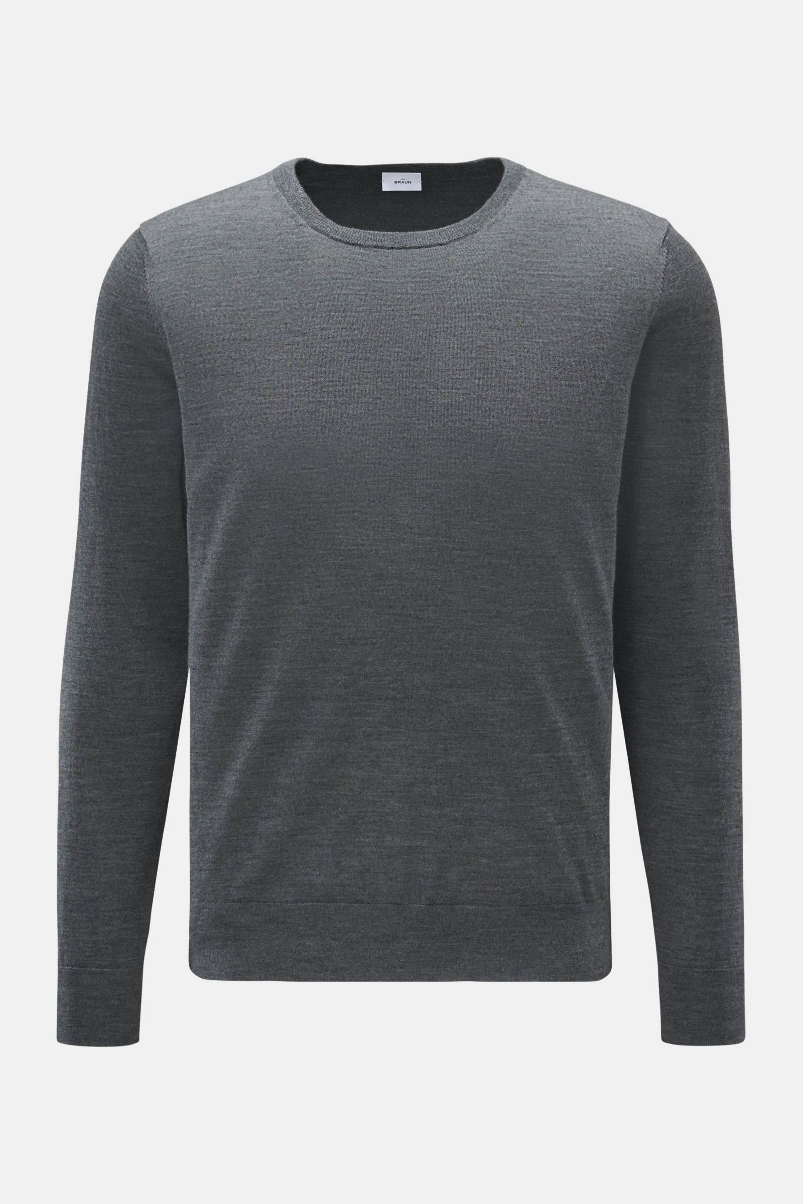 von Braun Merino Rundhalspullover grau meliert in Slim Fit, feiner Merinowolle, weicher Griff, Rundhalsausschnitt, elastische Rippbündchen, frontal fotografiert.