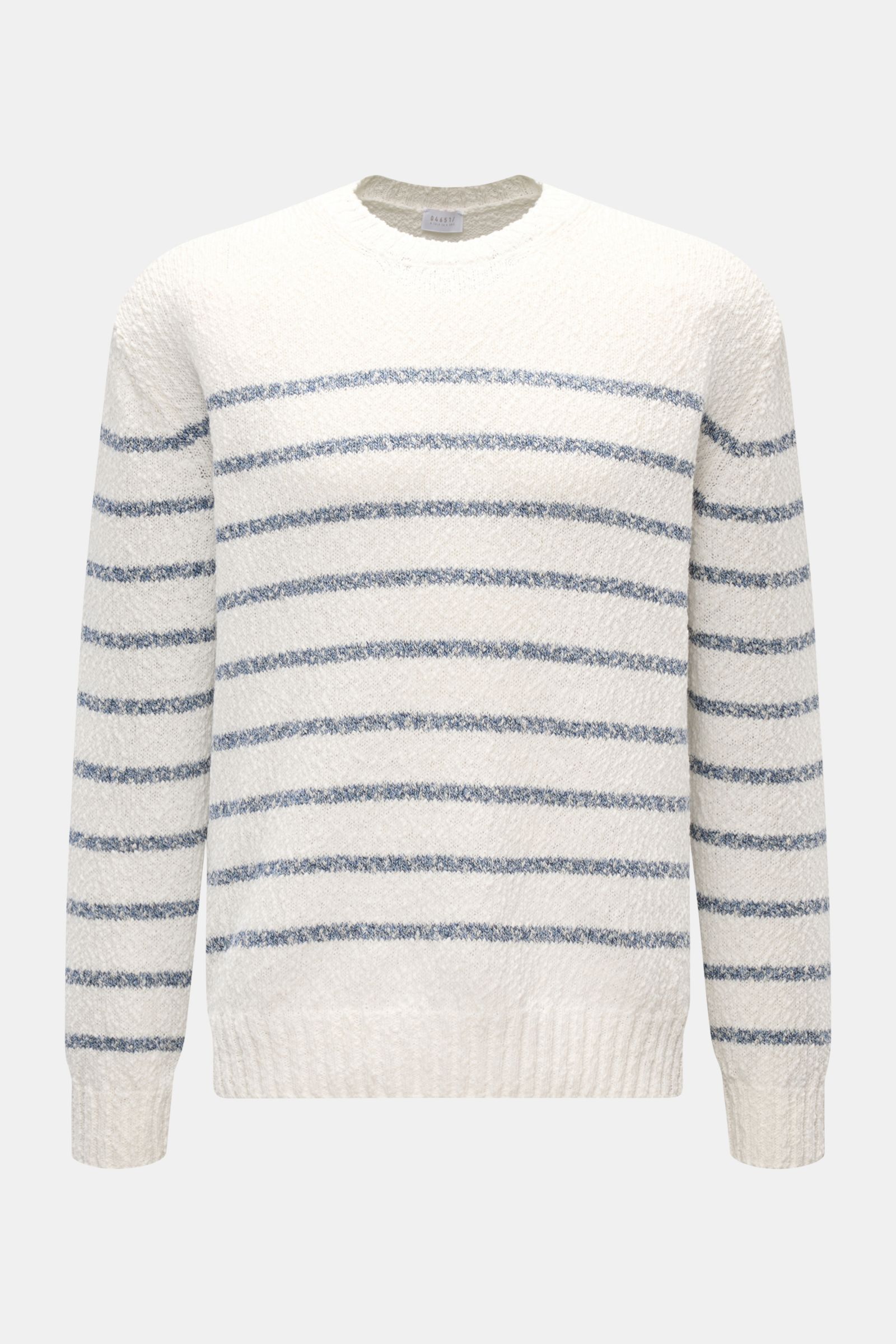 Frontansicht des 04651/ A trip in a bag Rundhalspullover 'Mouline Striped' offwhite/navy gestreift mit klassischem Streifenmuster, grobem Strickbild, Rundhalsausschnitt und komfortablen Rippbündchen aus reiner Baumwolle im Oversized Fit für lässige Überga