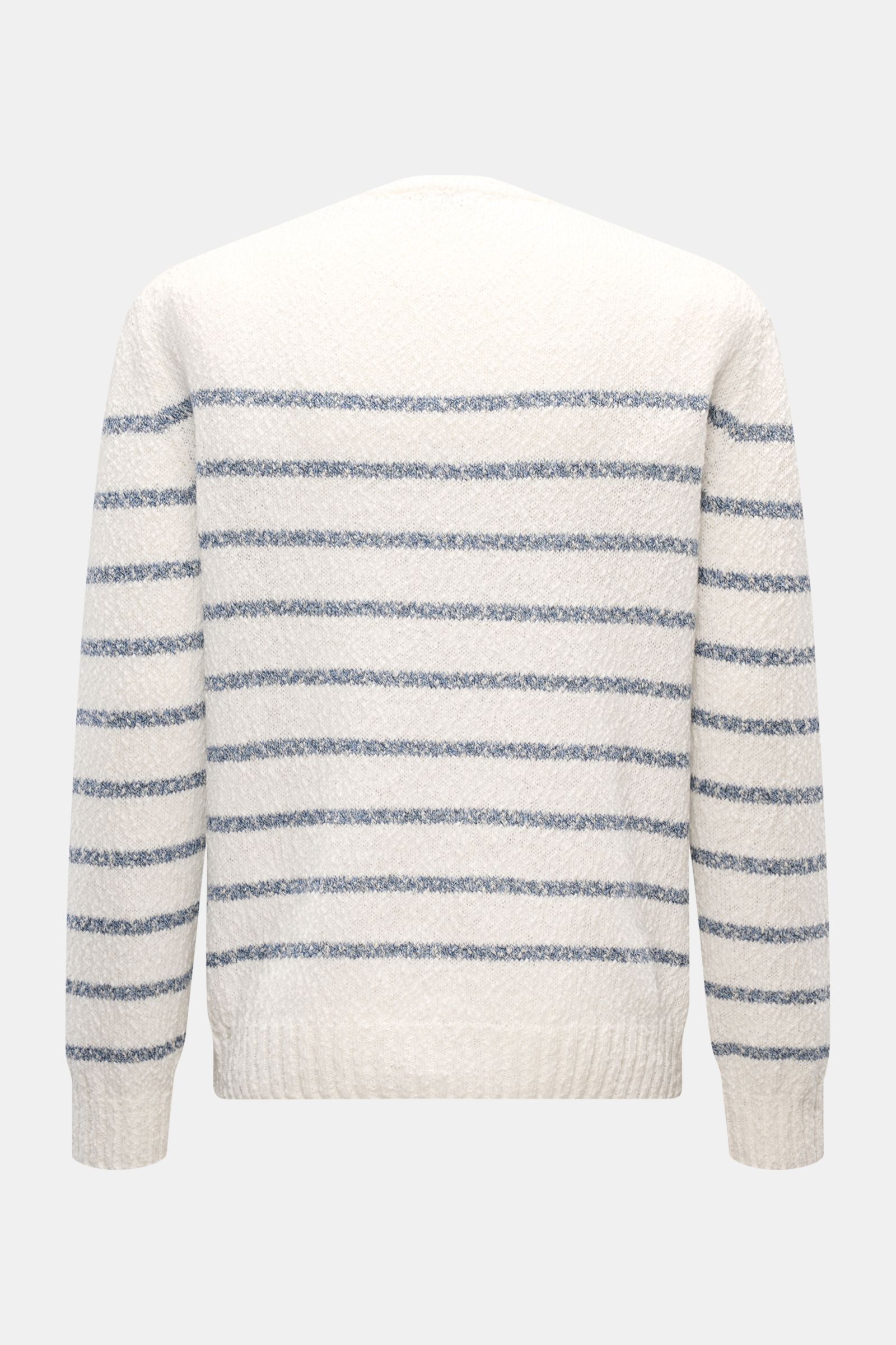 Rückansicht des 04651/ A trip in a bag Rundhalspullover 'Mouline Striped' offwhite/navy gestreift aus Baumwolle mit grobem Strick und Rippbündchen.