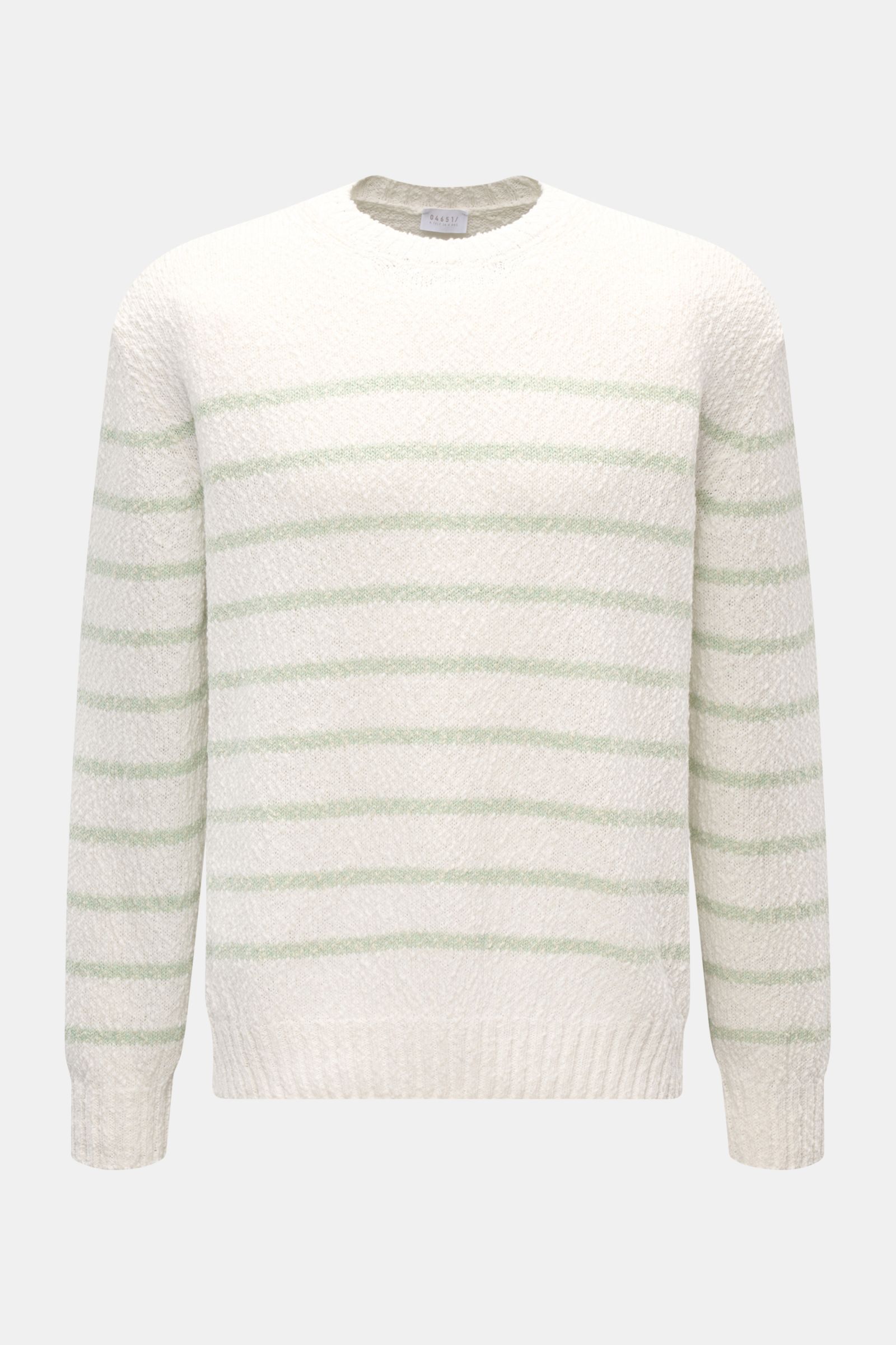 04651/ A trip in a bag Rundhalspullover 'Mouline Striped' offwhite/salbei gestreift, grob gestrickt, Oversized Fit, Rundhalsausschnitt, Rippbündchen, Frontansicht.