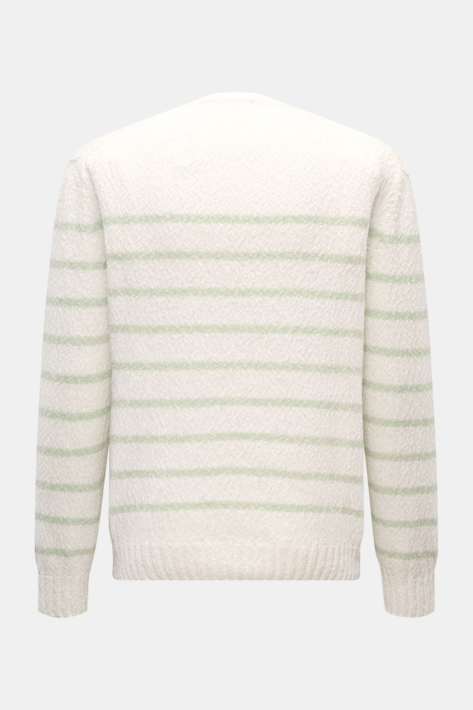 04651/ A trip in a bag Rundhalspullover 'Mouline Striped' offwhite/salbei gestreift, Rückansicht, Oversized Fit, grobes Strickbild, reine Baumwolle.