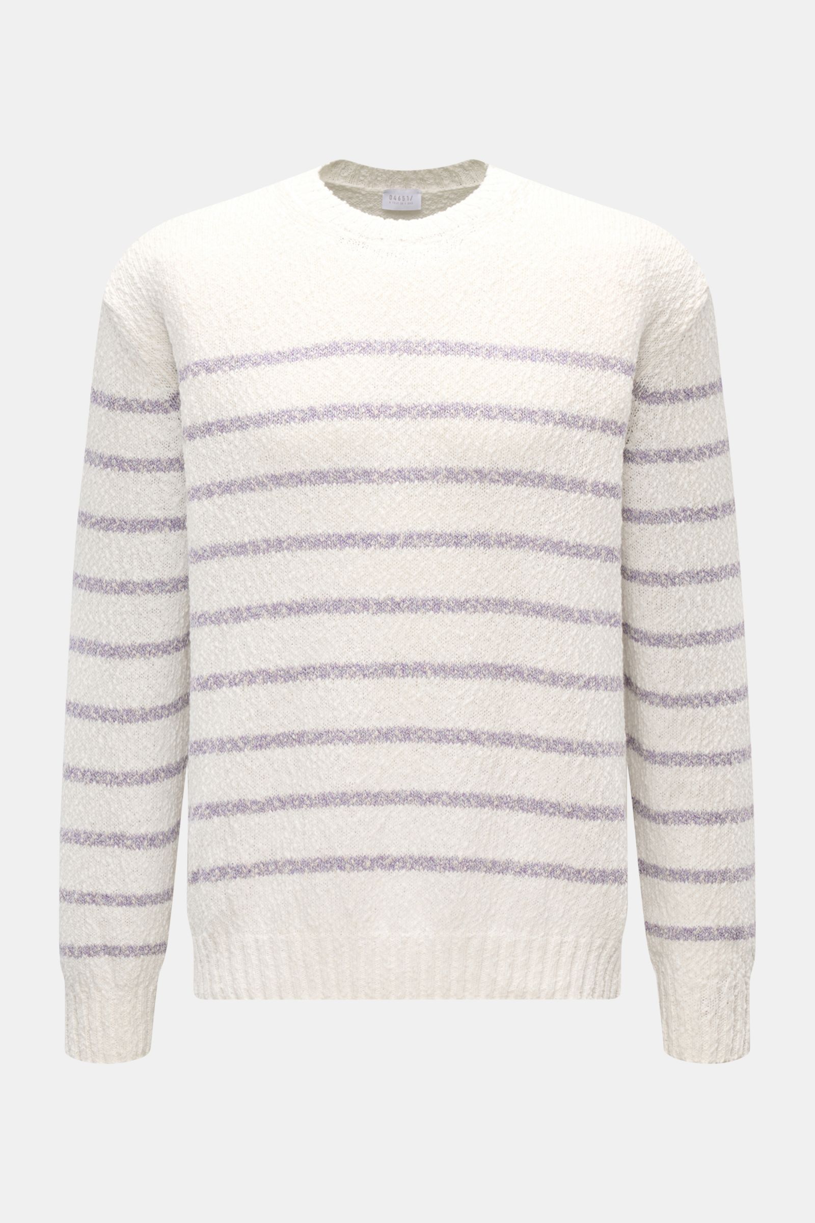 04651/ A trip in a bag Rundhalspullover 'Mouline Striped' offwhite/lavender gestreift, Grobstrick, Oversized Fit, Rundhalsausschnitt, Rippbündchen, Frontansicht