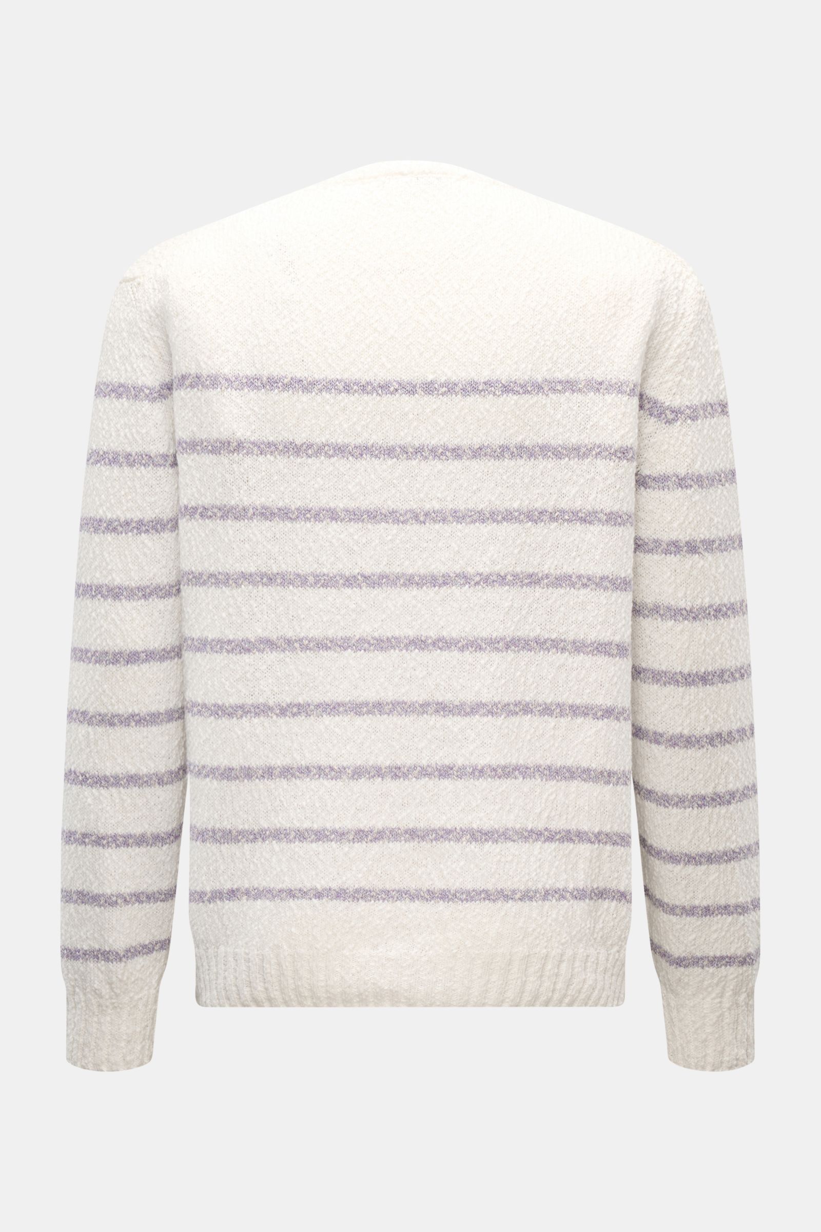 Rückansicht des 04651/ A trip in a bag Rundhalspullover 'Mouline Striped' offwhite/lavender gestreift mit grobem Strick, Baumwolle, Oversized Fit, Rippbündchen.