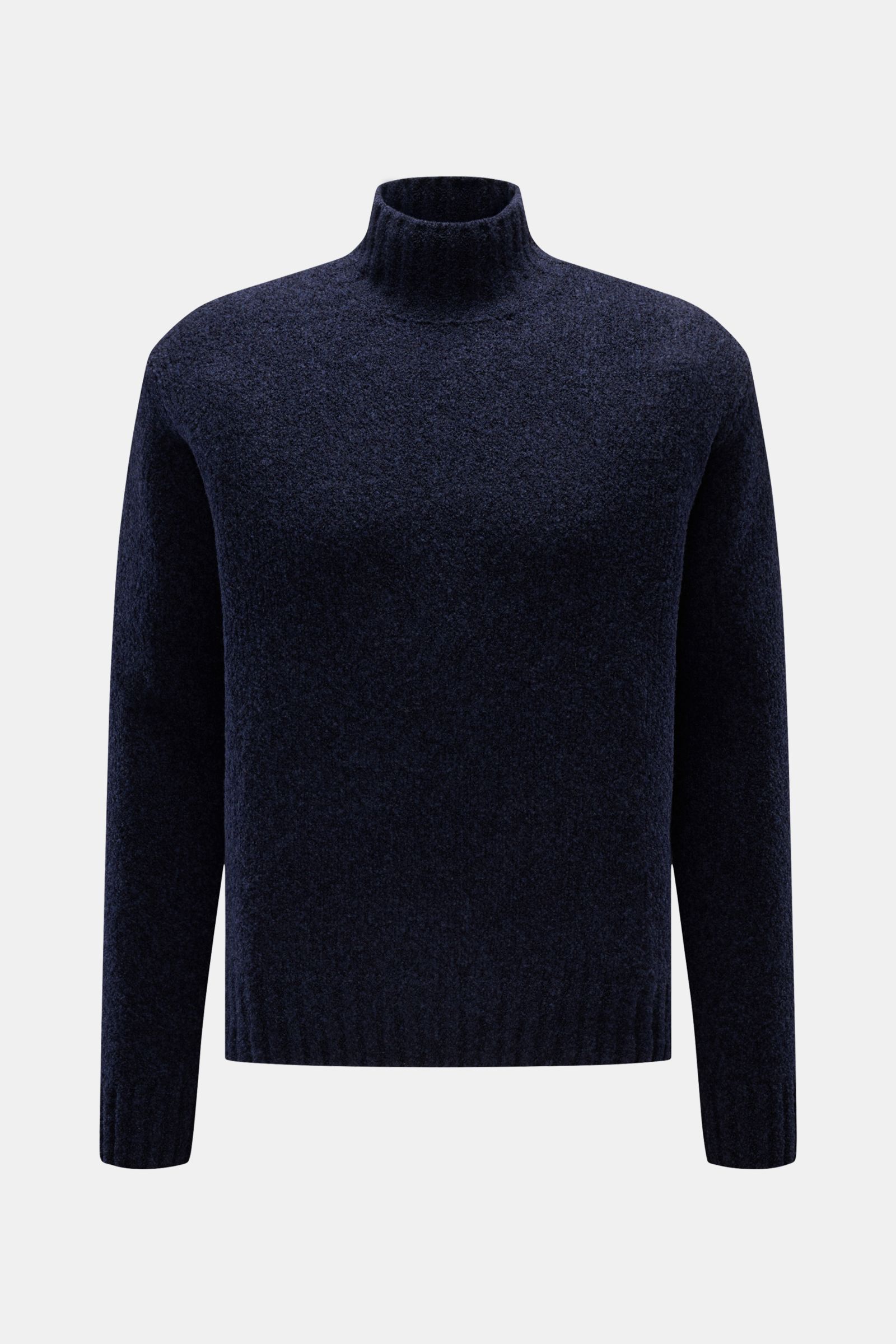 Front view of 04651/ A trip in a bag Mock neck jumper 'Grainy' navy melange, a warm wool blend in bouclé knit with high rib knit collar and wide ribbed bands.

For modern looks: The jumper 'Grainy' by 04651/ A TRIP IN A BAG is made of a warm wool blend