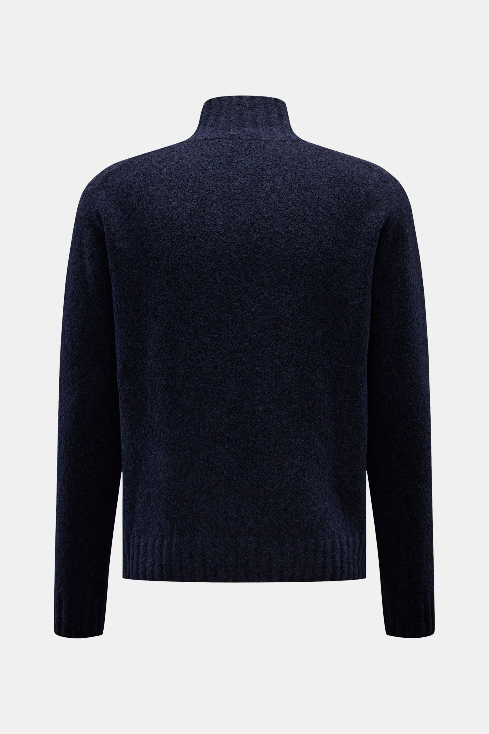 Rear view of 04651/ A trip in a bag Mock neck jumper 'Grainy' navy melange, a warm wool blend jumper in bouclé knit with high rib collar and wide ribbed bands.

Additional description:  
For modern looks: The jumper 'Grainy' by 04651/ A TRIP IN A BAG i