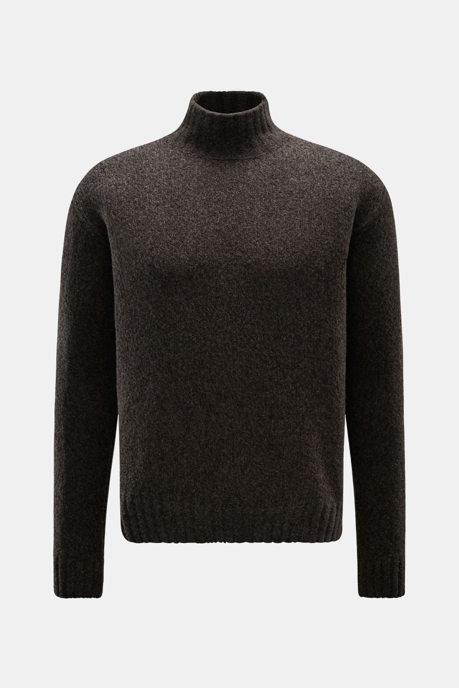 04651/ A trip in a bag Mock Neck Pullover 'Grainy' graubraun, frontale Ansicht, Boucléstrick, Woll-Mix, hoher Rippkragen, Regular Fit, breite Bündchen.