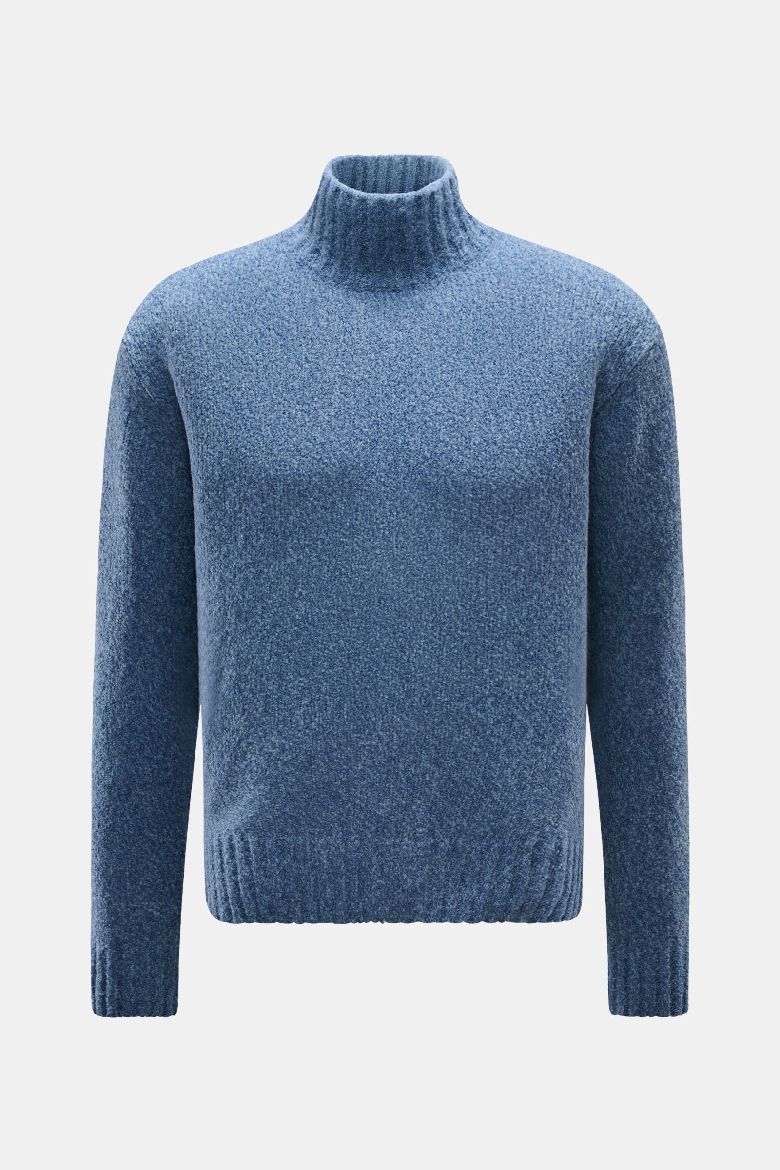 Front view of the 04651/ A trip in a bag Mock Neck Pullover 'Grainy' rauchblau, a warm wool-mix bouclé knit sweater with a soft touch, medium-fine knit texture, regular fit, high ribbed mock neck, and wide ribbed cuffs. Für moderne Looks: Der Pullover 'Gr