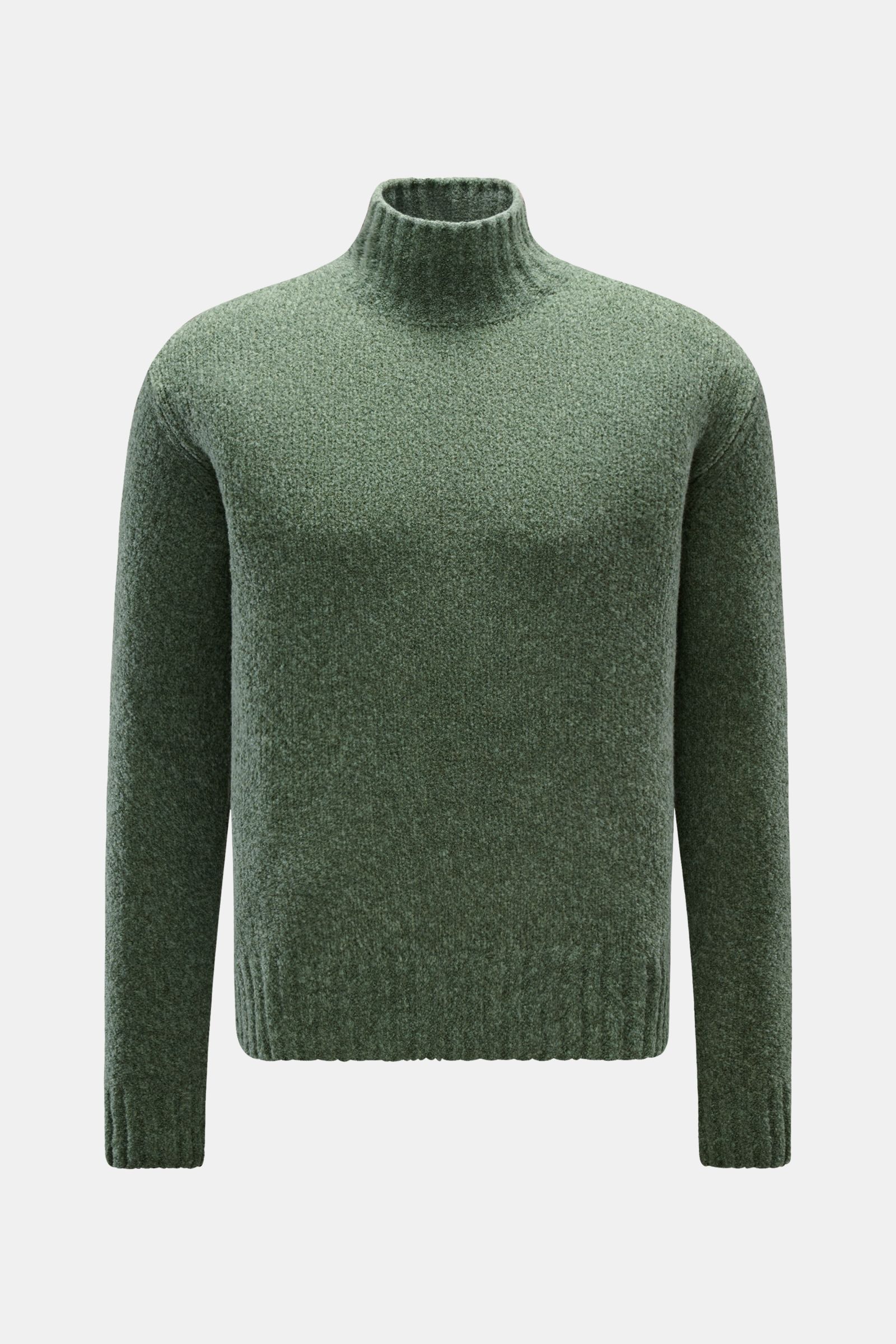 Frontansicht des 04651/ A trip in a bag Mock Neck Pullover 'Grainy' grün aus wärmendem Woll-Mix, Boucléstrick, Regular Fit, hoher Rippstrickkragen.