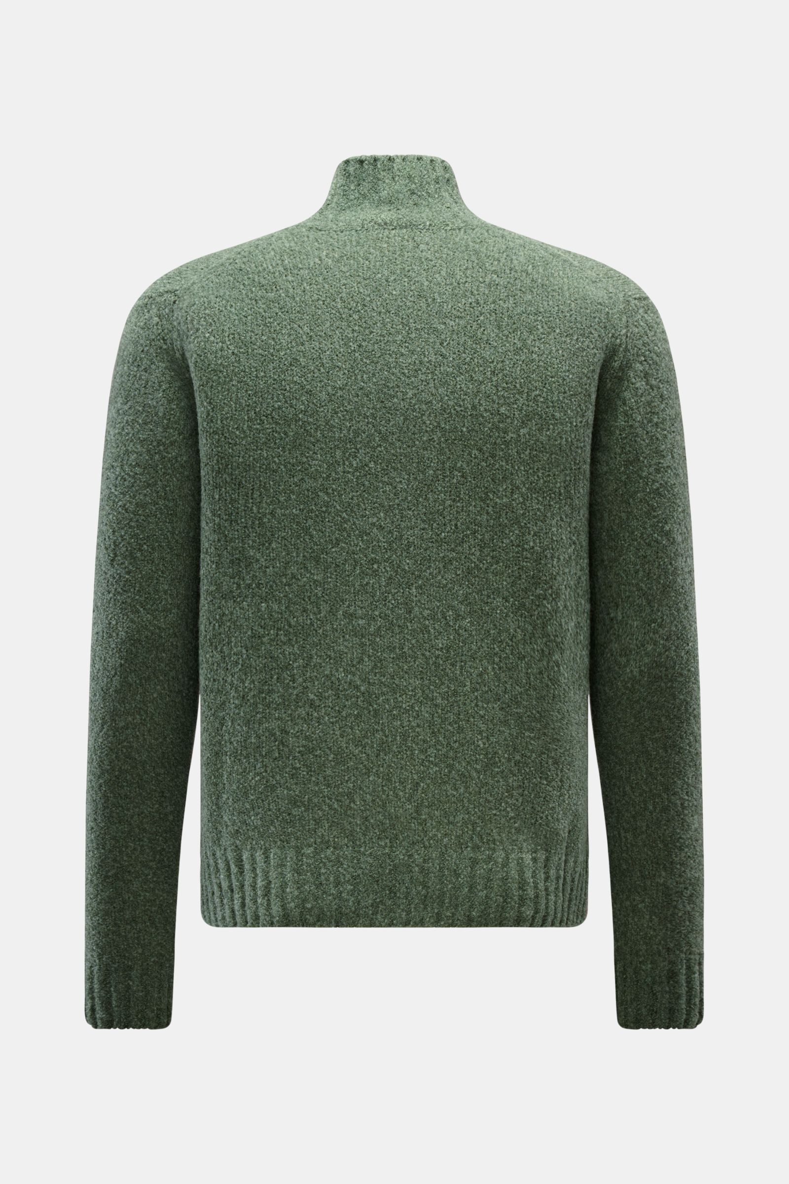 04651/ A trip in a bag Mock Neck Pullover 'Grainy' grün, Rückansicht, Boucléstrick, Woll-Mix, hoher Rippkragen, Regular Fit, breite Bündchen.