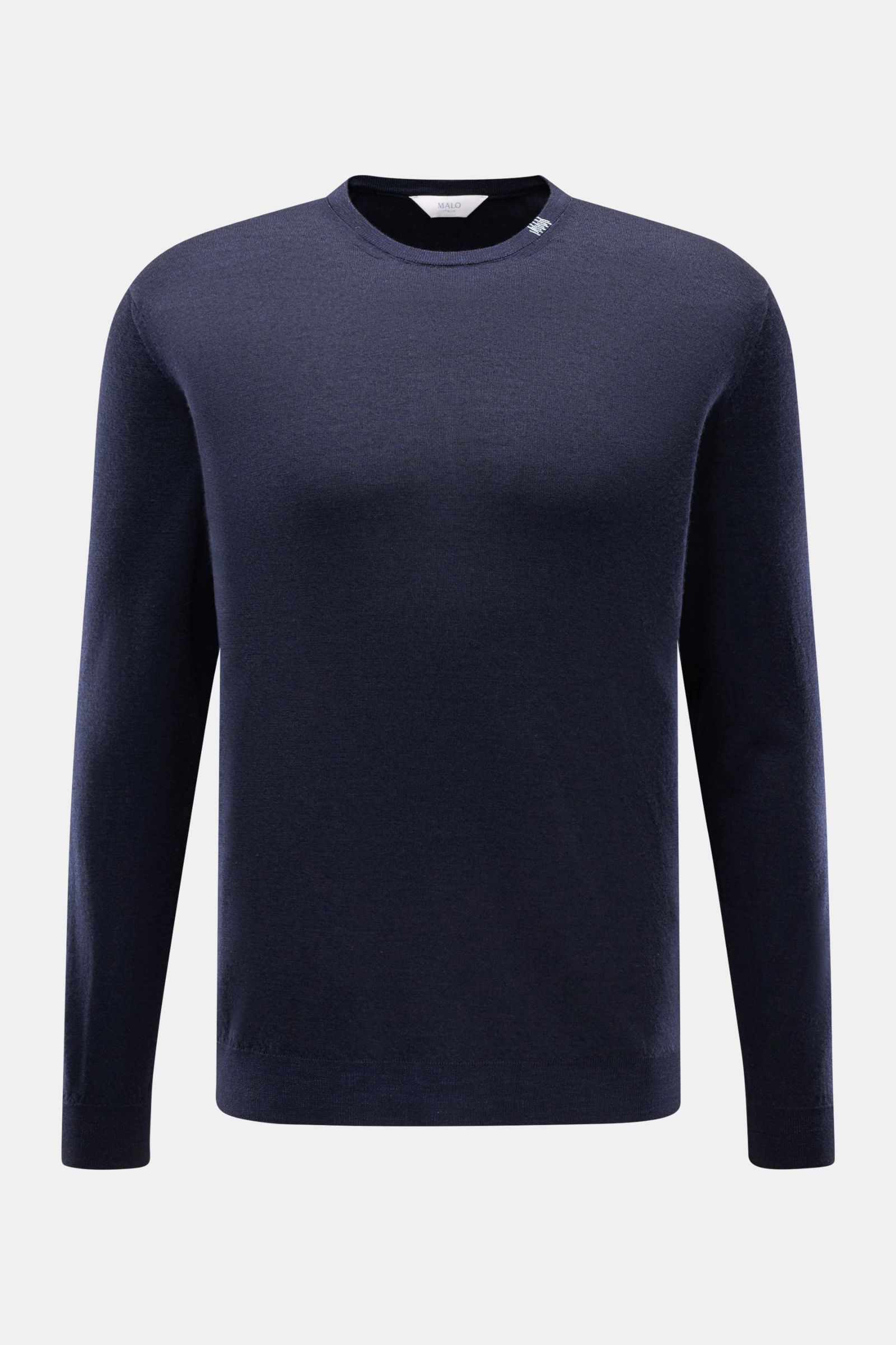 Malo Cashmere Rundhalspullover navy, Slim Fit, reiner Cashmere, weicher Griff, feines Strickbild, Rundhals, Stick-Detail, Rippbündchen, Frontansicht.