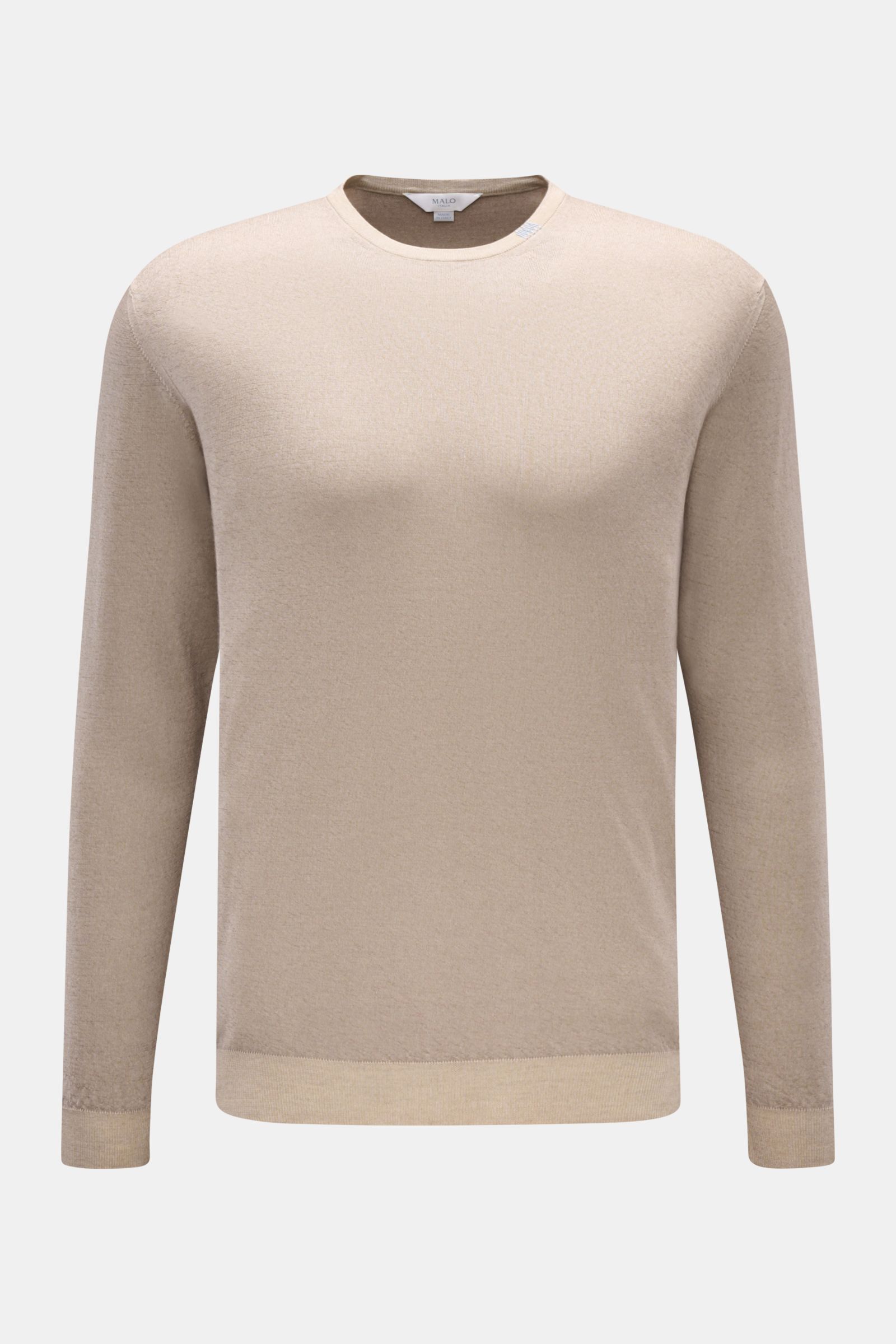Front view of Malo Cashmere crew neck jumper beige mottled, slim fit with fine knit, pure cashmere, soft feel, ribbed bands, and embroidered neck detail.