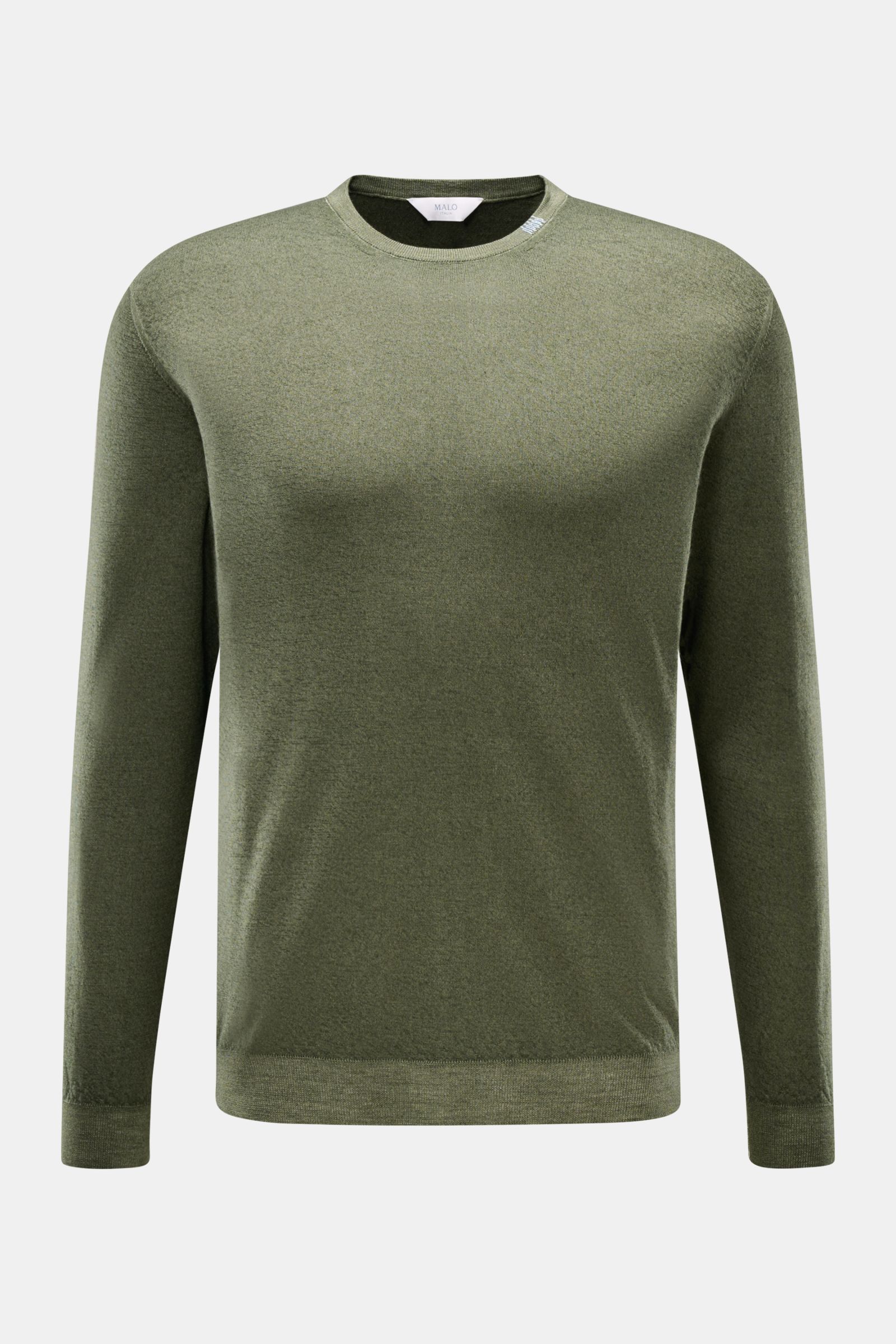 Malo Cashmere Rundhalspullover dark olive meliert, Slim Fit, reiner Cashmere, feines Strickbild, Rundhalsausschnitt mit Stick-Detail, Rippbündchen, Frontalansicht.
