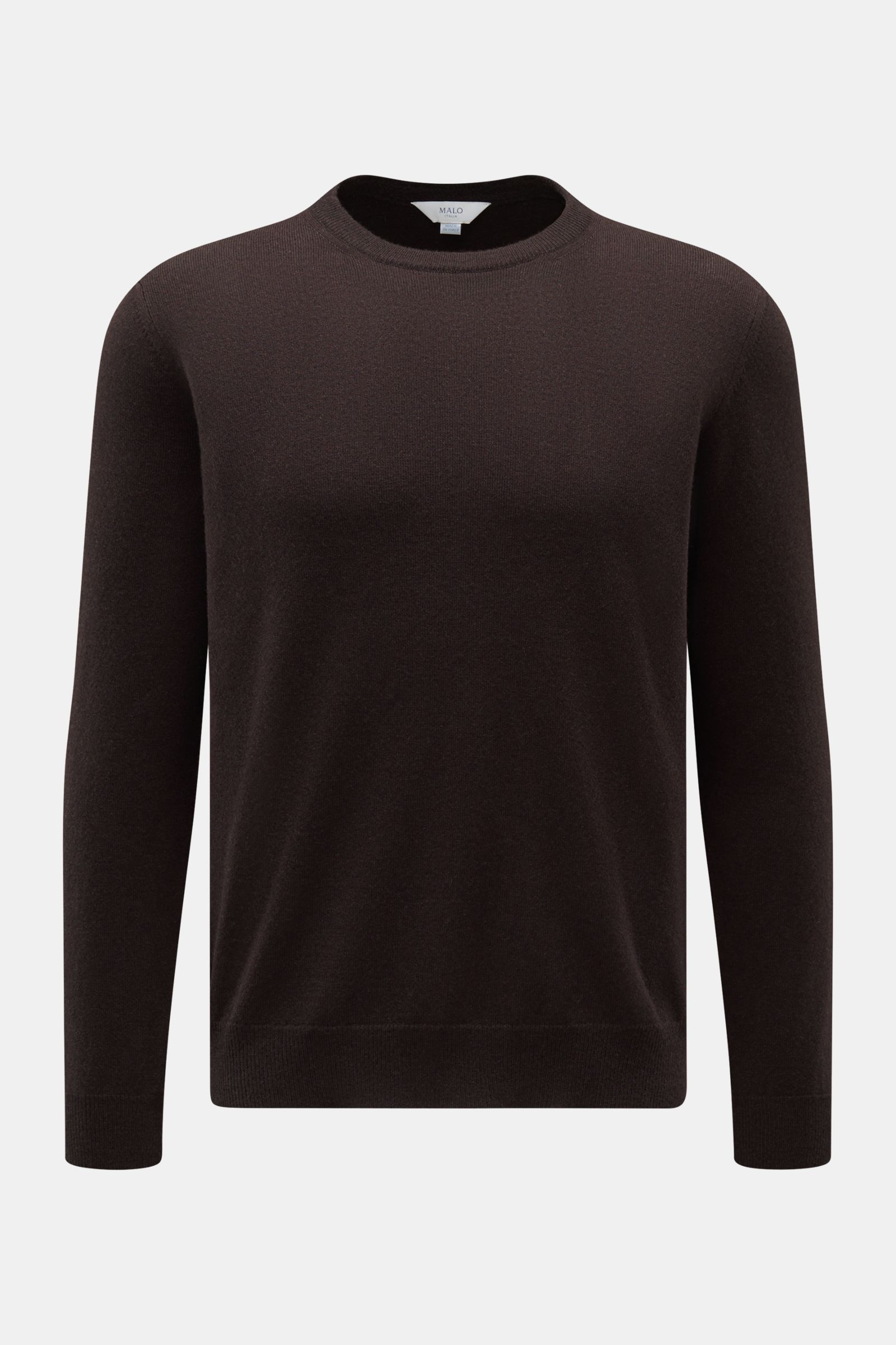 Malo Cashmere Rundhalspullover dunkelbraun, frontal fotografiert, Slim Fit, weicher Griff, feines Strickbild, Rippbündchen, reiner Cashmere.