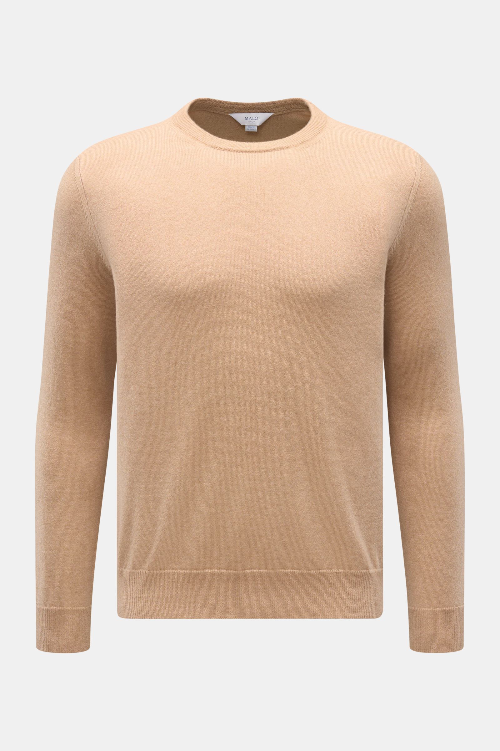 Malo Cashmere Rundhalspullover hellbraun meliert, Slim Fit, feines Strickbild, Rundhalsausschnitt, weicher Griff, Rippbündchen, frontal fotografiert.