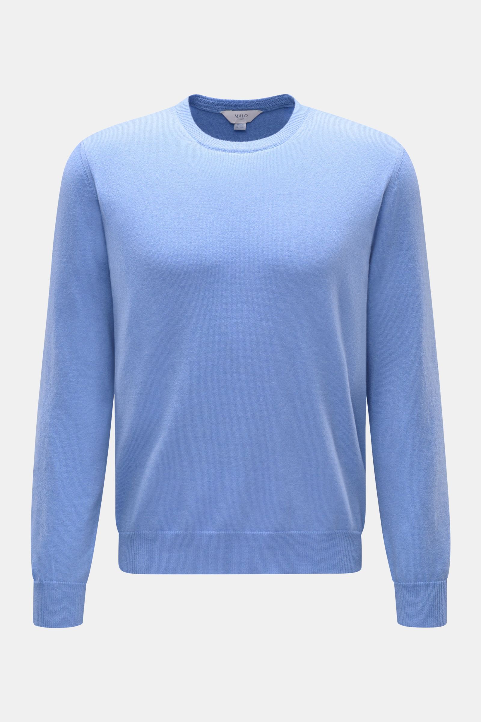 Malo Cashmere Rundhalspullover blau, frontal fotografiert, Slim Fit, reiner Cashmere, weicher Griff, feines Strickbild, Rundhals, Rippbündchen.