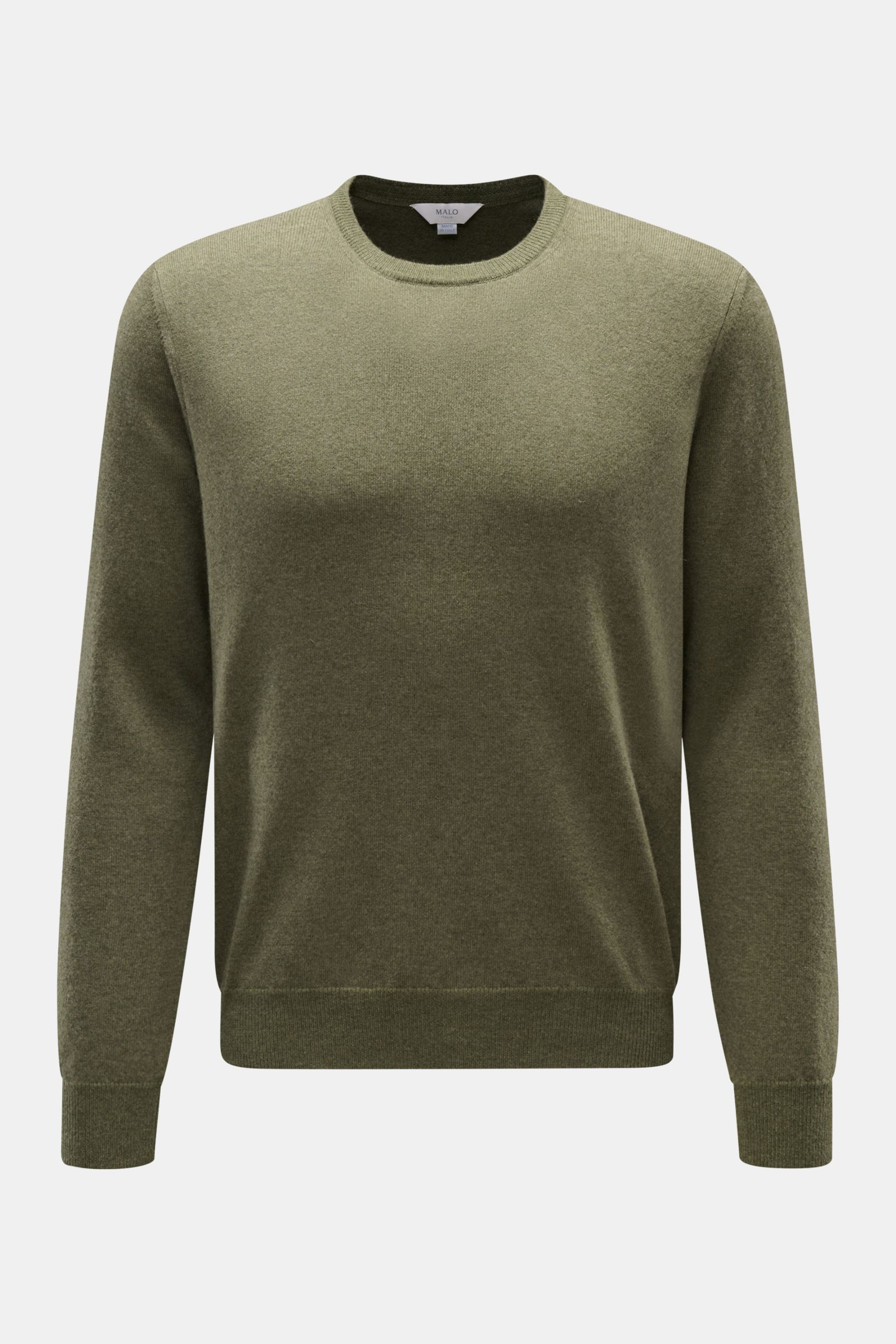 Malo Cashmere Rundhalspullover grün, frontale Nahaufnahme, Slim Fit, feines Strickbild, weicher Griff, Rundhalsausschnitt, Rippbündchen, reiner Cashmere.